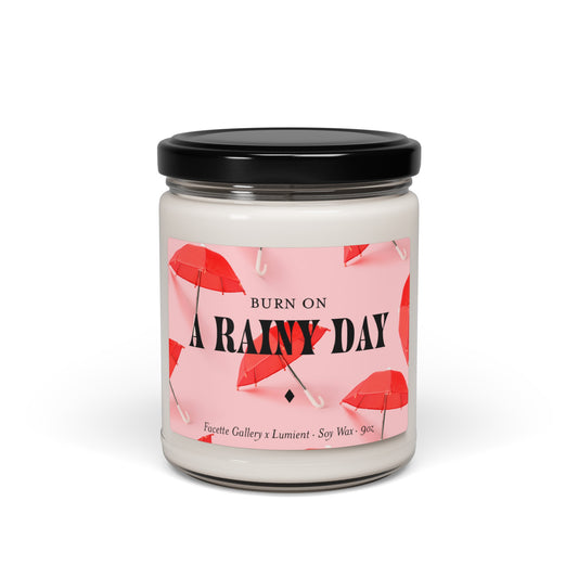 A Rainy Day Candle in Glass - 'Burn On' A Rainy Day - Inside/Cozy/Comfy - Host/Homebody Gift - Graphic Umbrella/Red/Pink Label - Soy - 9oz