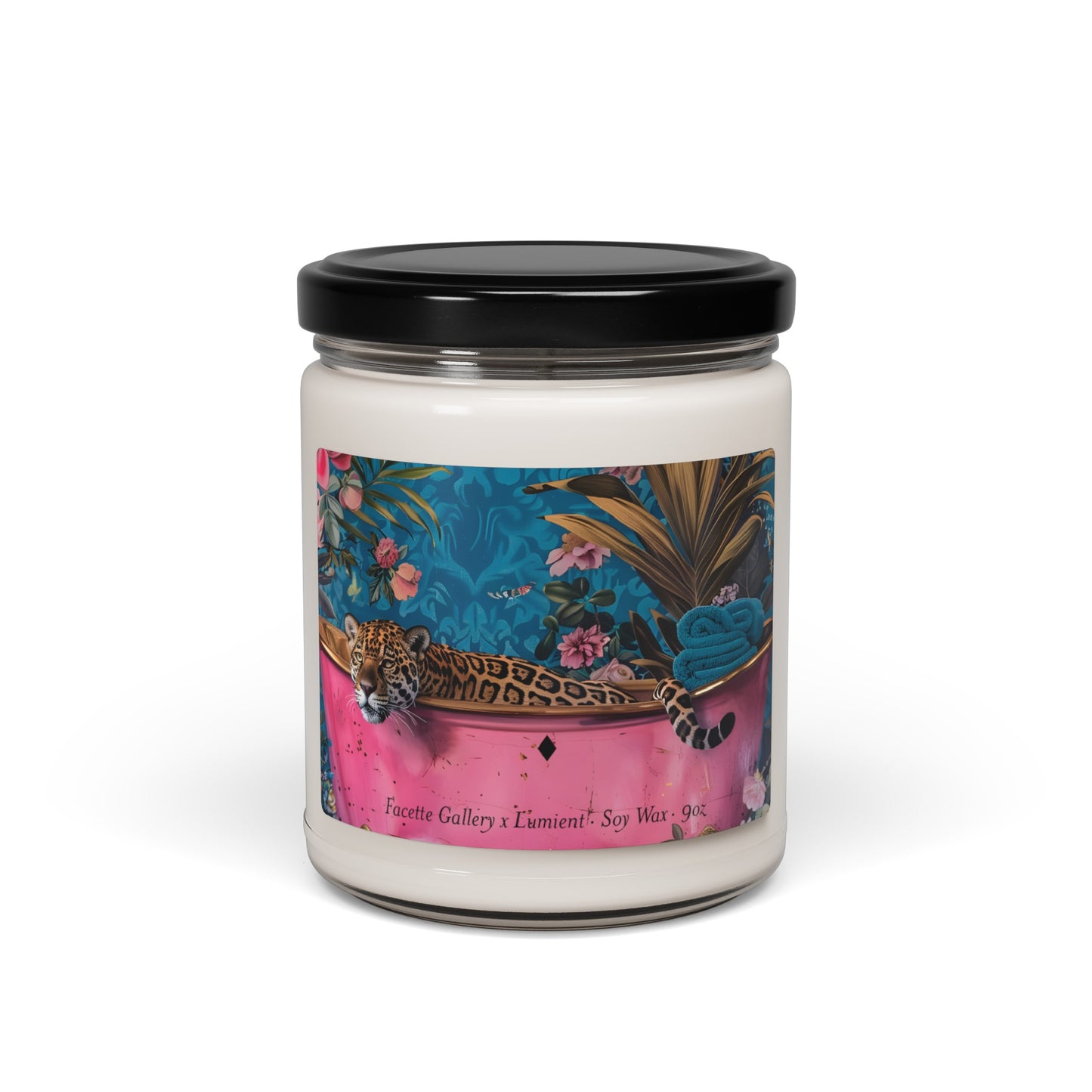 Leopard in Pink Bathtub Candle in Glass - Maximalist/Flowers/Botanical/Contemporary - Animal Print/Blue/Green - Gift for Her - Soy - 9oz