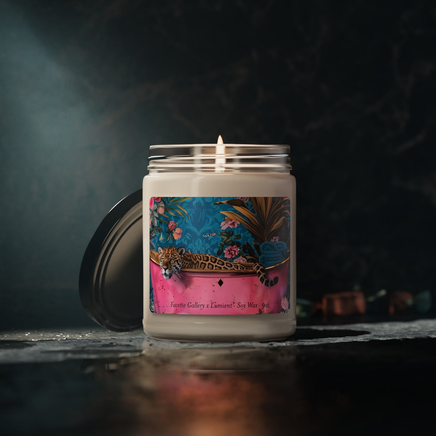 Leopard in Pink Bathtub Candle in Glass - Maximalist/Flowers/Botanical/Contemporary - Animal Print/Blue/Green - Gift for Her - Soy - 9oz