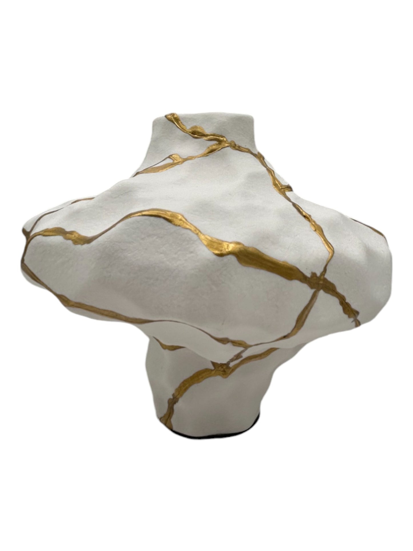 Roccia White Kintsugi Rock Vase - Matte/Irregular - Broken + Repaired Japanese Pottery - Hand Painted Gold Detail - (H) 7in (W) 6.25in