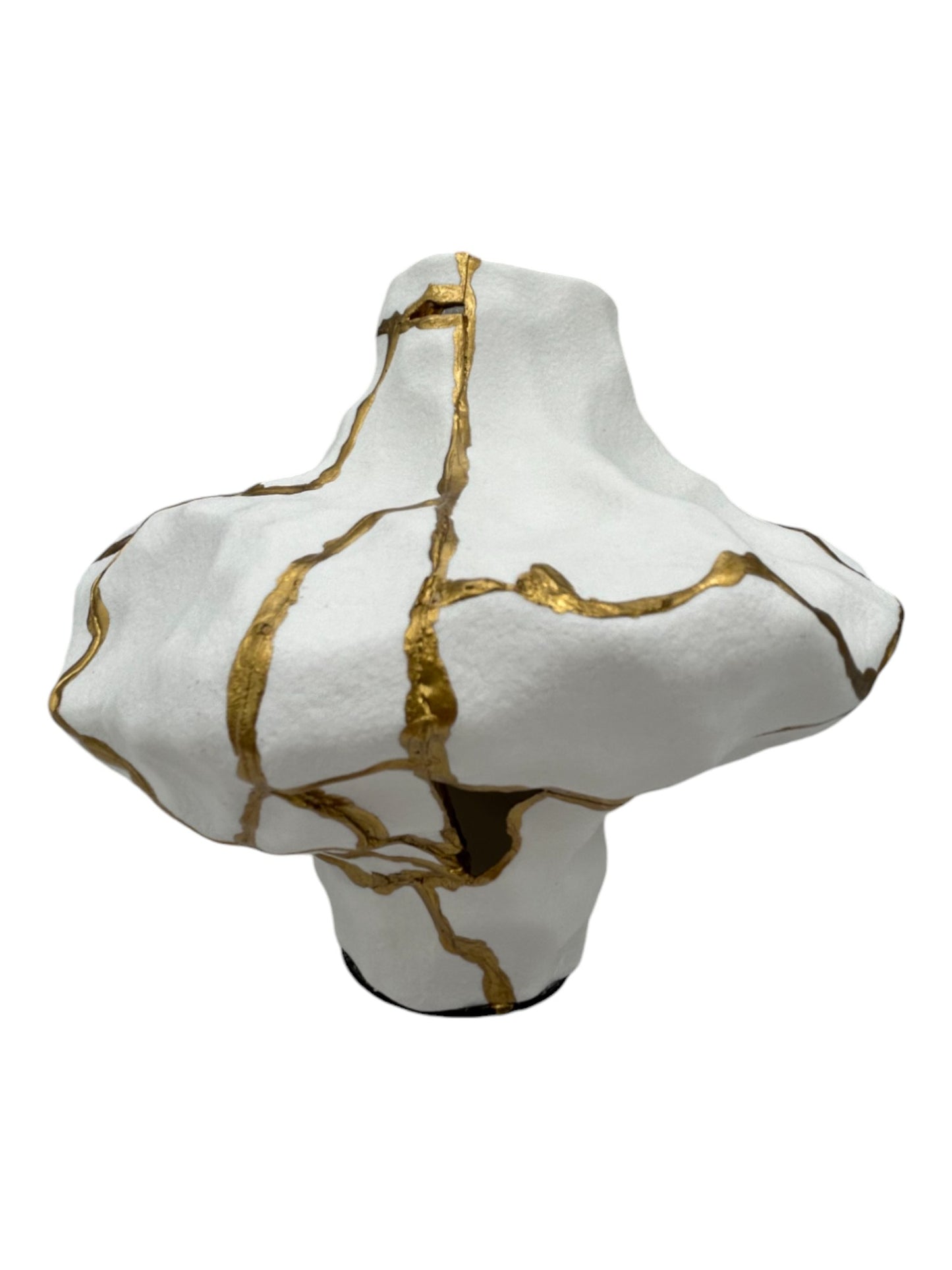 Roccia White Kintsugi Rock Vase - Matte/Irregular - Broken + Repaired Japanese Pottery - Hand Painted Gold Detail - (H) 7in (W) 6.25in