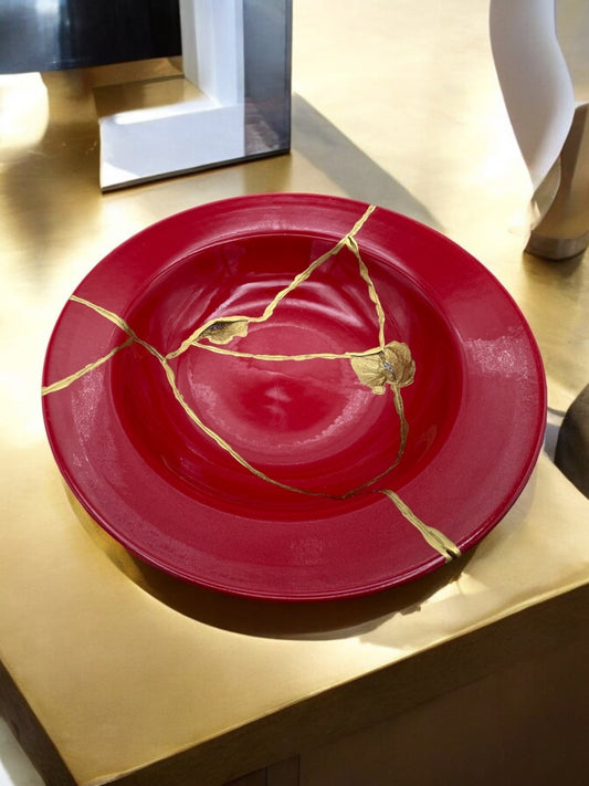 Ruby Red Kintsugi Glazed Ceramic Large Bowl - Holiday Trend - Broken + Repaired Japanese Pottery Art - Hand Painted Gold - (D)13.25in