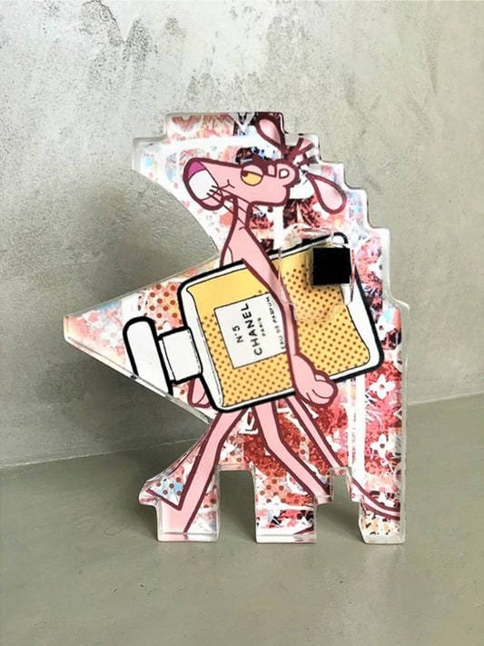 Signed Pink Panther with Chanel Perfume Bottle Sculpture - Unique Gift - Home Decor - Resin - Made in Italy by Artist 'Art-Cade Bites'