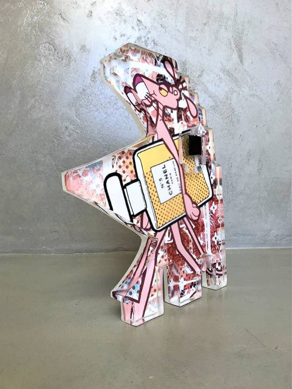 Signed Pink Panther with Chanel Perfume Bottle Sculpture - Unique Gift - Home Decor - Resin - Made in Italy by Artist 'Art-Cade Bites'