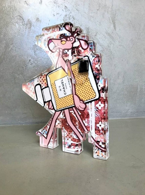 Signed Pink Panther with Chanel Perfume Bottle Sculpture - Unique Gift - Home Decor - Resin - Made in Italy by Artist 'Art-Cade Bites'