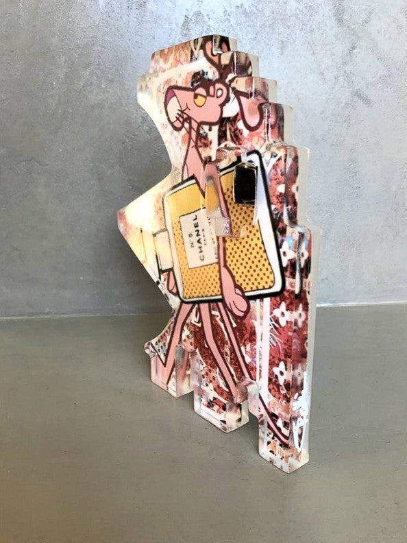 Signed Pink Panther with Chanel Perfume Bottle Sculpture - Unique Gift - Home Decor - Resin - Made in Italy by Artist 'Art-Cade Bites'