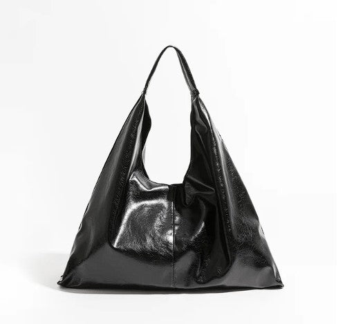 Soft Vegan Leather Tote/Hobo Bag - Shoulder Bag - Minimalist/BoHo/Avante Garde Fashion - Lightweight Shiny Oil Wax Handbag - Black