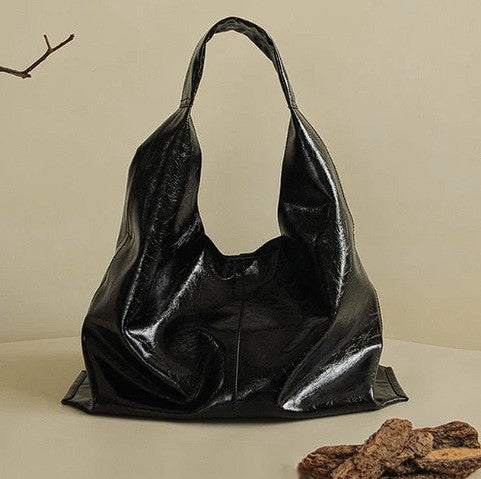 Soft Vegan Leather Tote/Hobo Bag - Shoulder Bag - Minimalist/BoHo/Avante Garde Fashion - Lightweight Shiny Oil Wax Handbag - Black