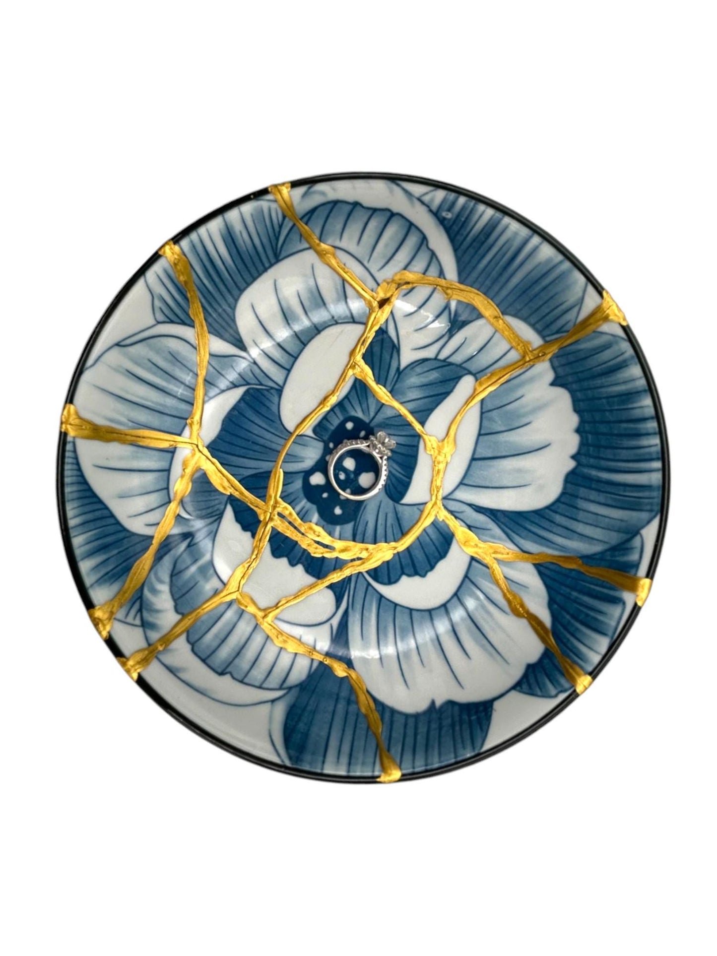 Blue Lotus Kintsugi Glazed Ceramic Pedestal Bowl - Broken + Repaired Japanese Pottery - Hand Painted Gold Detail - Dual Process (D) 6.375in