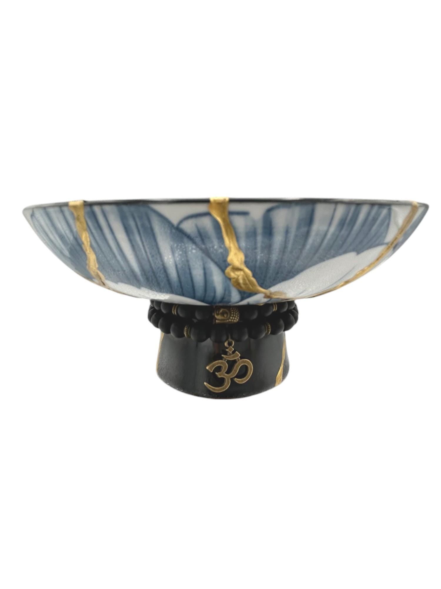 Kintsugi Pedestal Bowl w/Charm - Gift Presentation Box - Japanese Pottery Broken + Repaired - Hand Painted Gold - Blue Lotus - (D) 6.375in