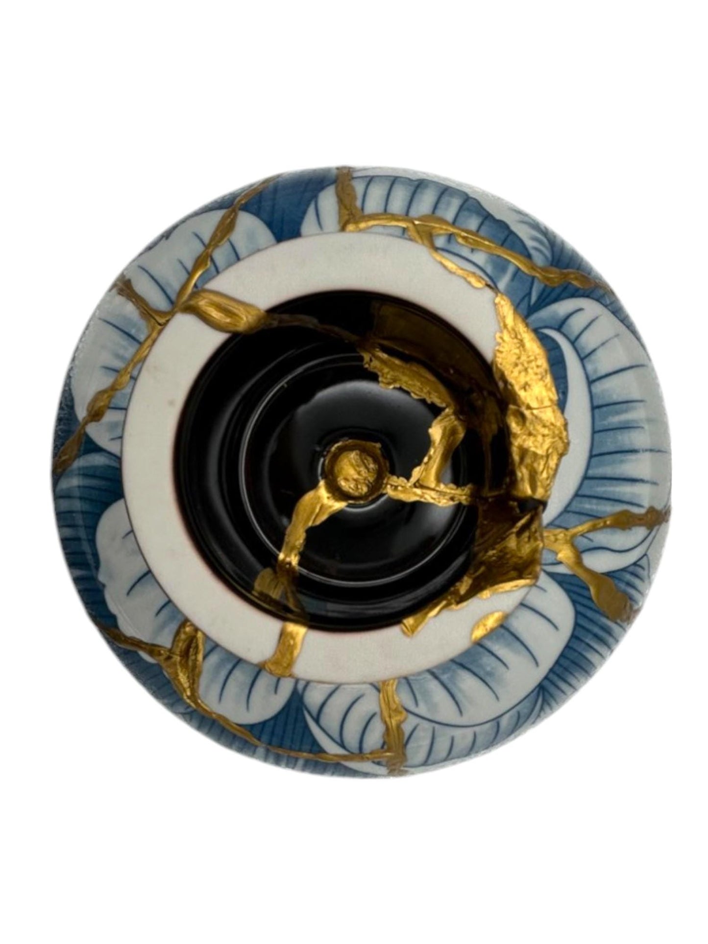 Blue Lotus Kintsugi Glazed Ceramic Pedestal Bowl - Broken + Repaired Japanese Pottery - Hand Painted Gold Detail - Dual Process (D) 6.375in