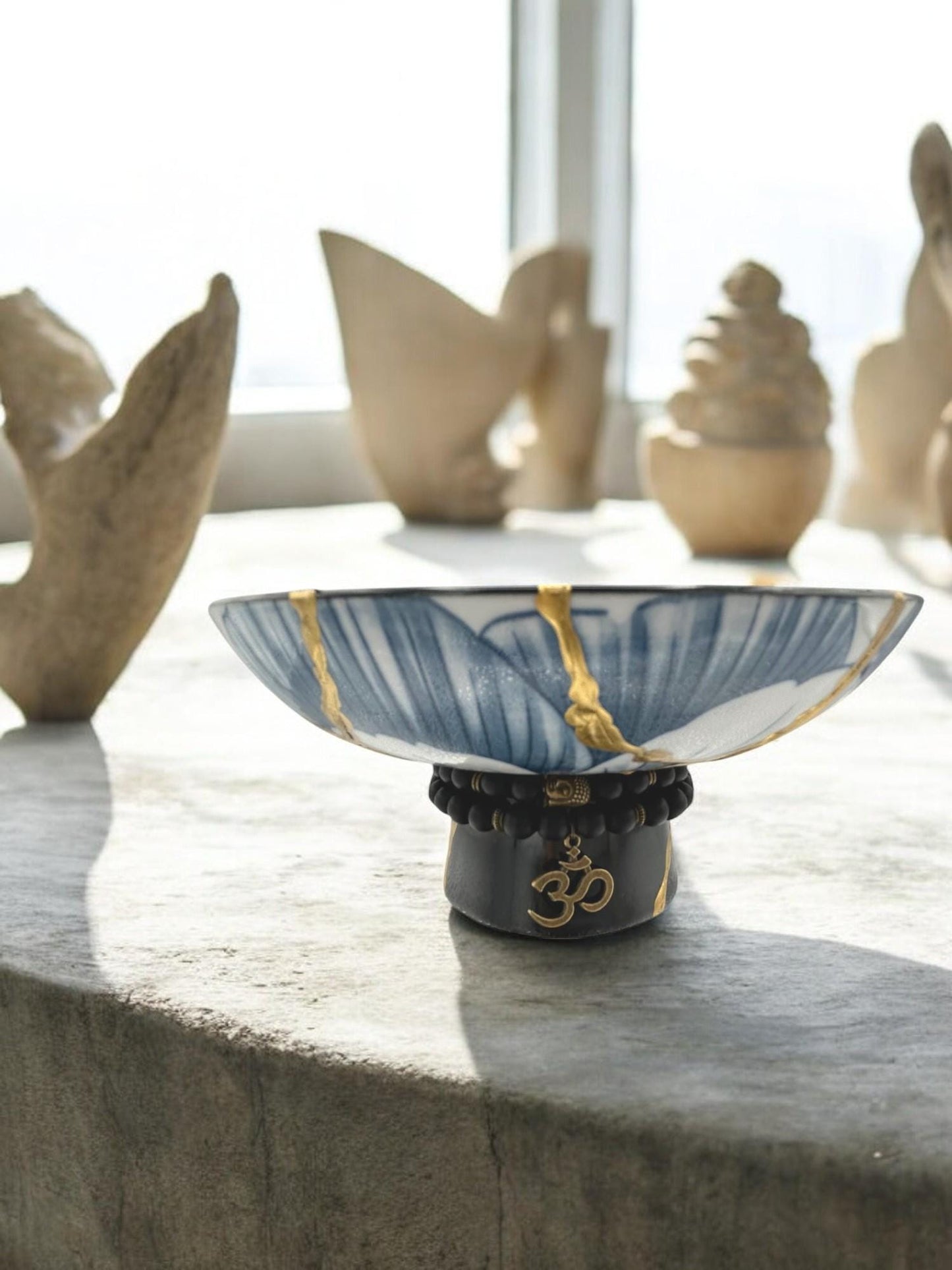 Blue Lotus Kintsugi Glazed Ceramic Pedestal Bowl - Broken + Repaired Japanese Pottery - Hand Painted Gold Detail - Dual Process (D) 6.375in