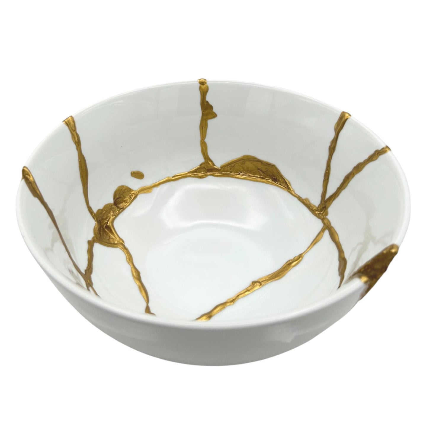 Kintsugi Rice Bowl - Gift Presentation Box - Japanese Pottery Broken + Repaired - Hand Painted Gold - White Glazed Porcelain - (D) 7in