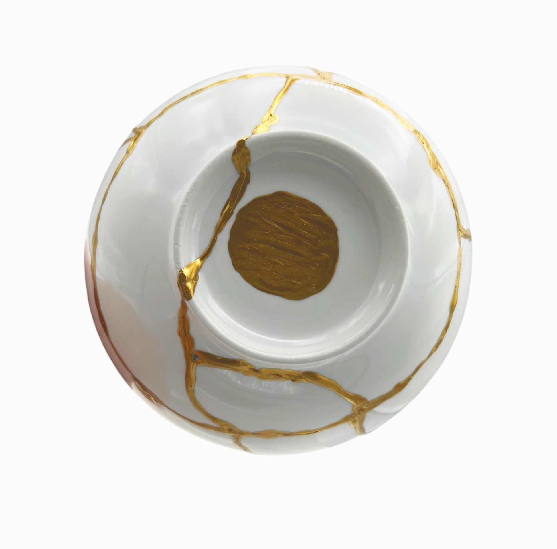 Kintsugi Rice Bowl - Gift Presentation Box - Japanese Pottery Broken + Repaired - Hand Painted Gold - White Glazed Porcelain - (D) 7in