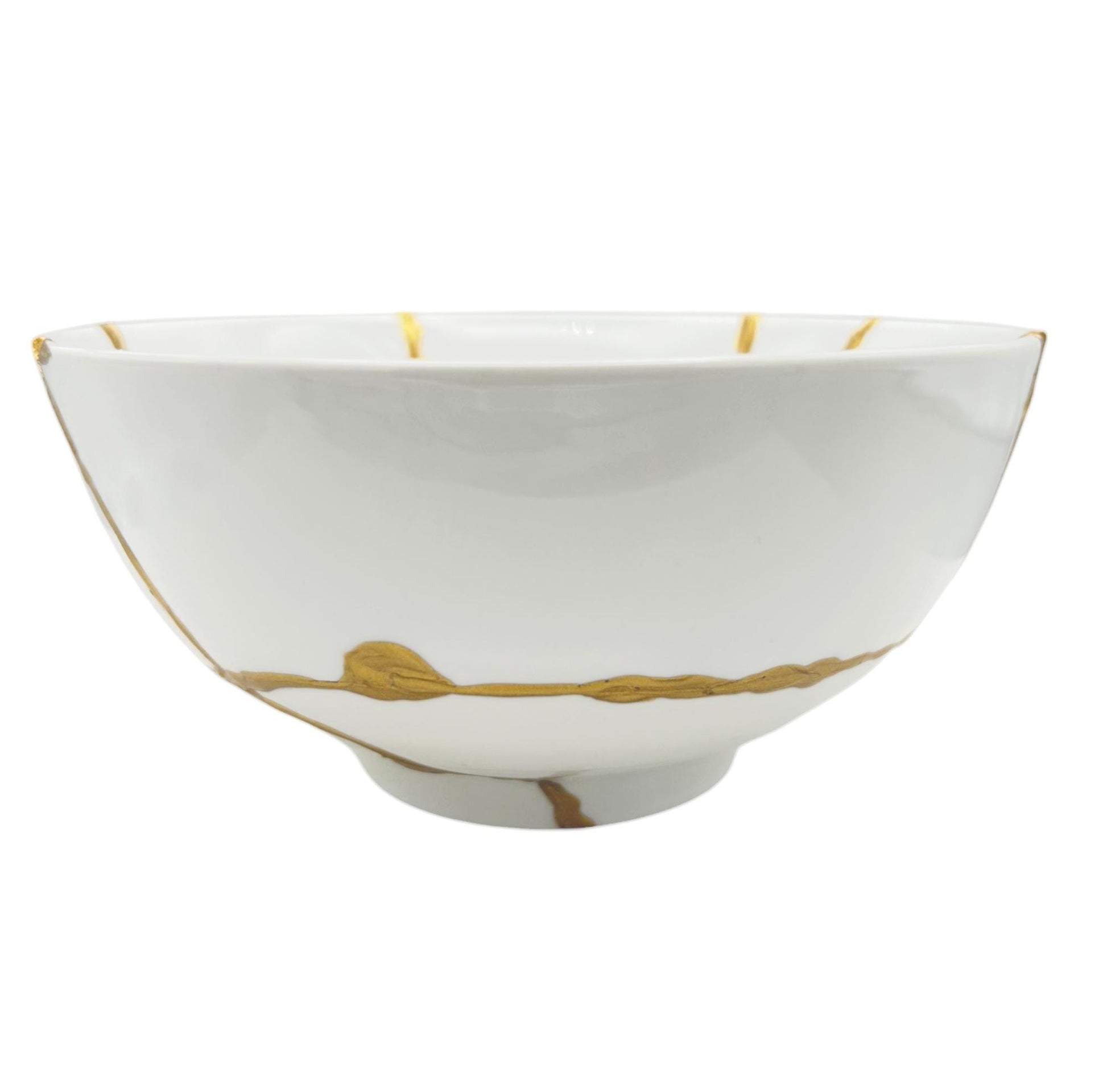 Kintsugi Rice Bowl - Gift Presentation Box - Japanese Pottery Broken + Repaired - Hand Painted Gold - White Glazed Porcelain - (D) 7in