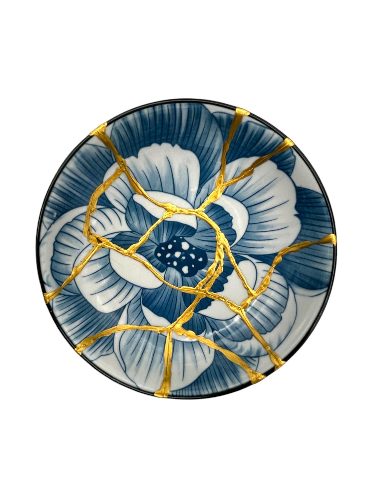 Blue Lotus Kintsugi Glazed Ceramic Pedestal Bowl - Broken + Repaired Japanese Pottery - Hand Painted Gold Detail - Dual Process (D) 6.375in