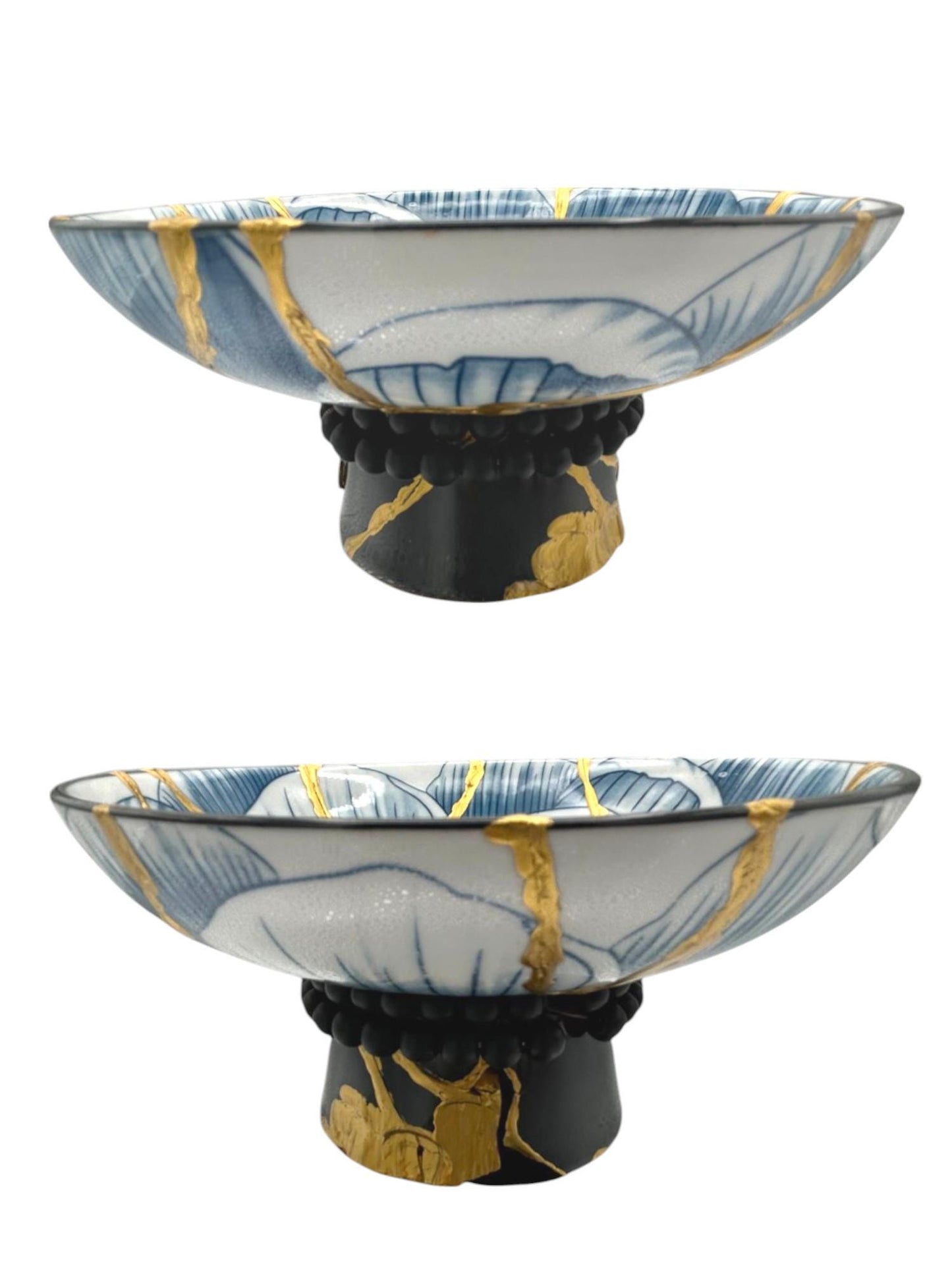 Blue Lotus Kintsugi Glazed Ceramic Pedestal Bowl - Broken + Repaired Japanese Pottery - Hand Painted Gold Detail - Dual Process (D) 6.375in