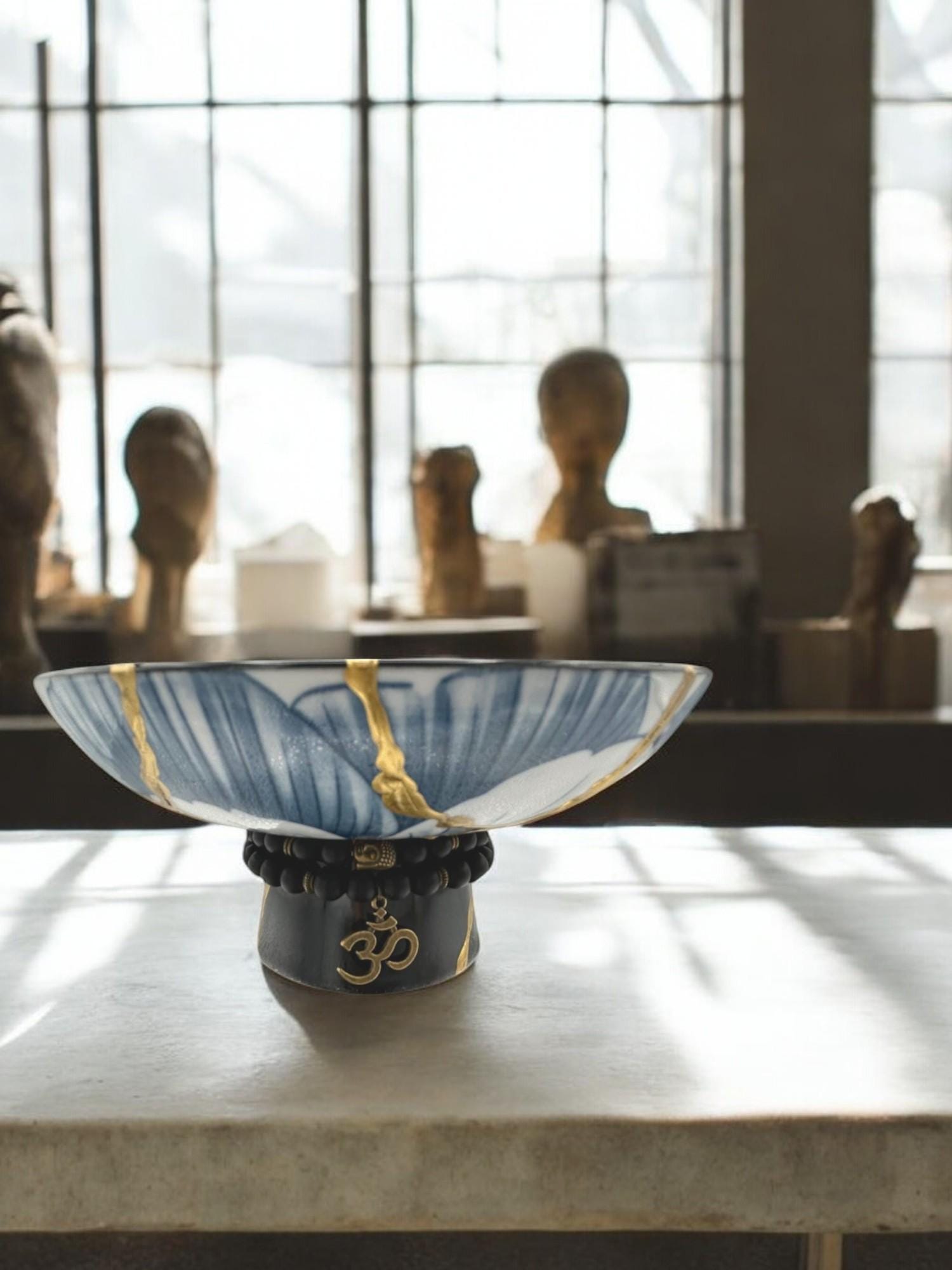 Blue Lotus Kintsugi Glazed Ceramic Pedestal Bowl - Broken + Repaired Japanese Pottery - Hand Painted Gold Detail - Dual Process (D) 6.375in