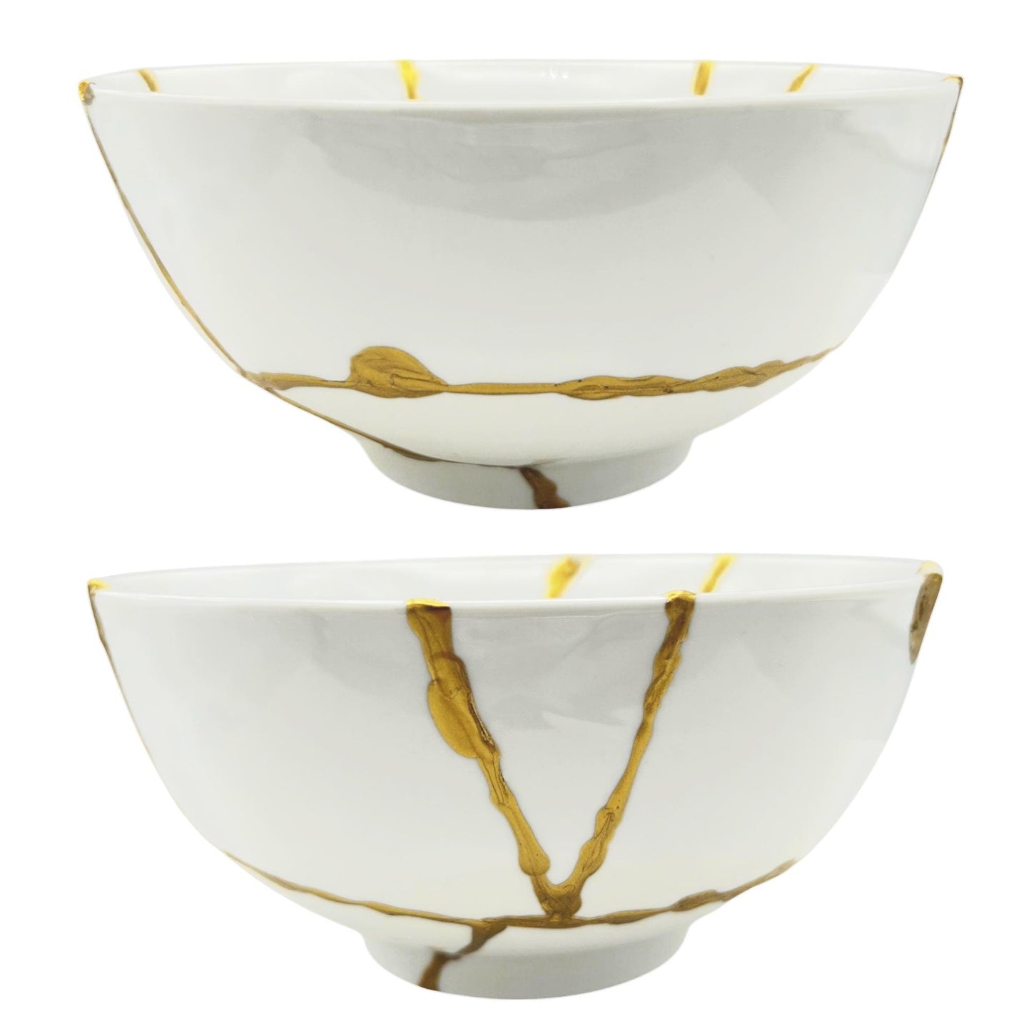 Kintsugi Rice Bowl - Gift Presentation Box - Japanese Pottery Broken + Repaired - Hand Painted Gold - White Glazed Porcelain - (D) 7in