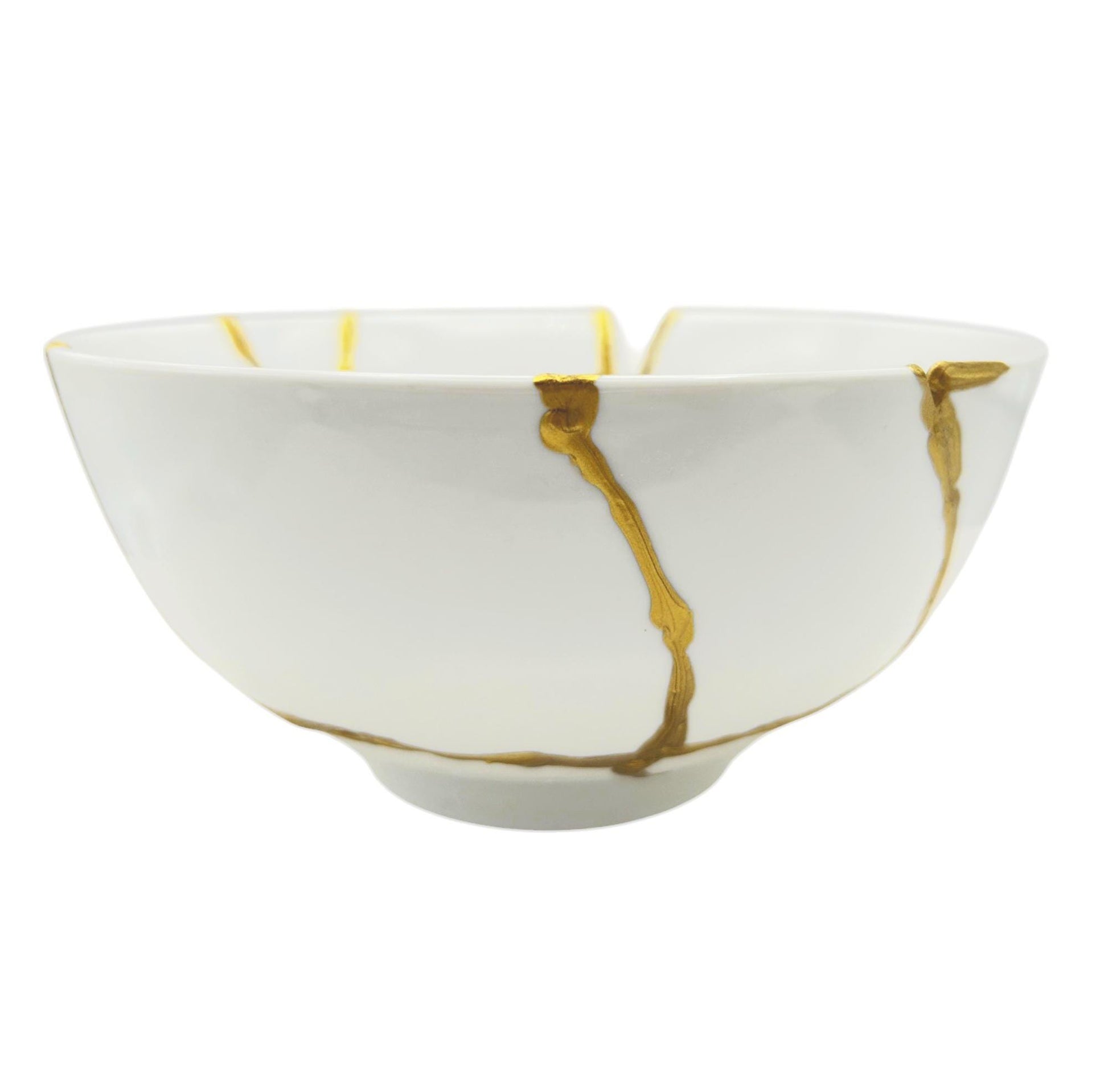 Kintsugi Rice Bowl - Gift Presentation Box - Japanese Pottery Broken + Repaired - Hand Painted Gold - White Glazed Porcelain - (D) 7in