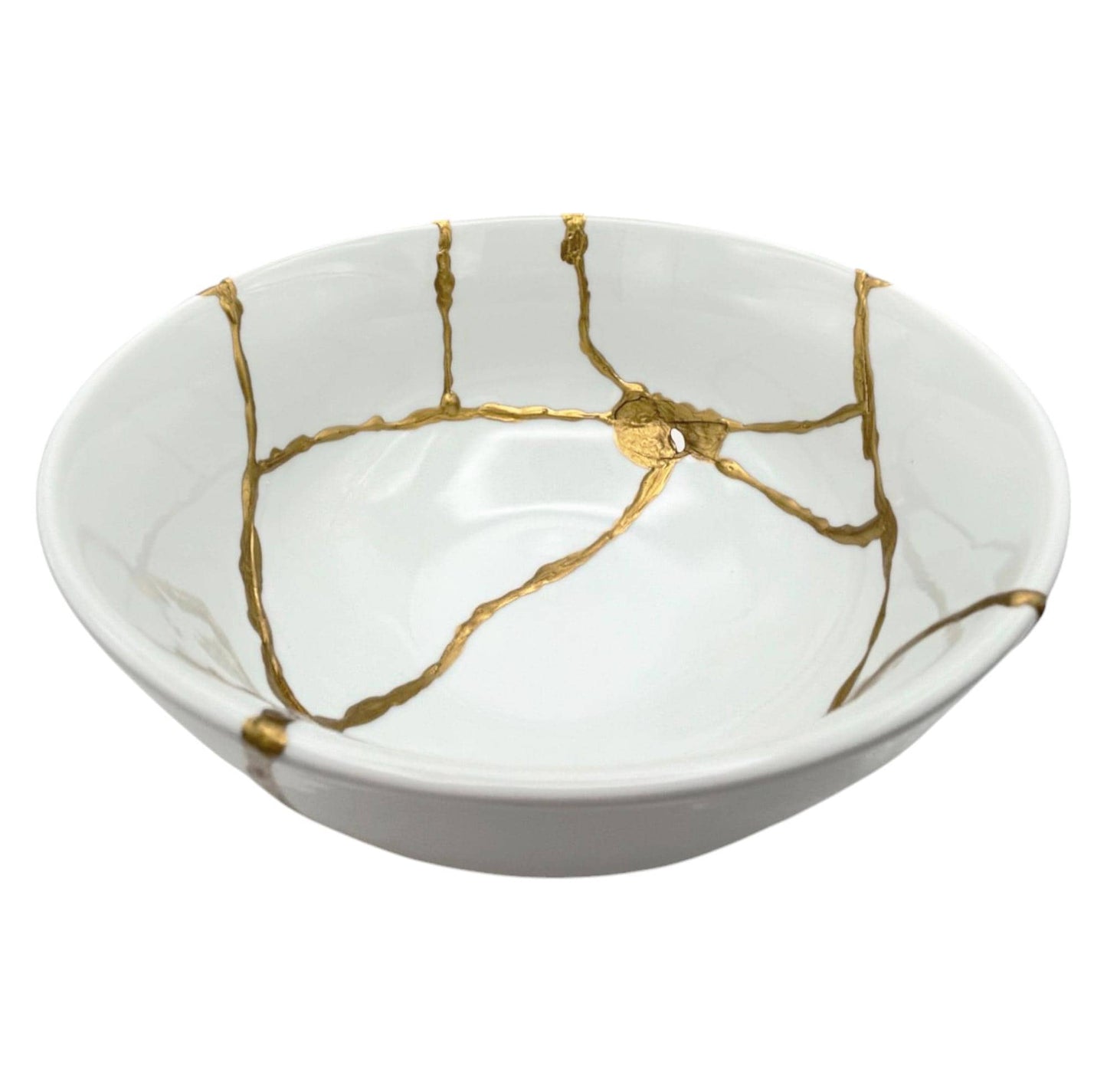 SALE Kintsugi Rice Bowl - Gift Presentation Box - Japanese Pottery Broken + Repaired - Hand Painted Gold - White Glazed Porcelain - (D) 7in