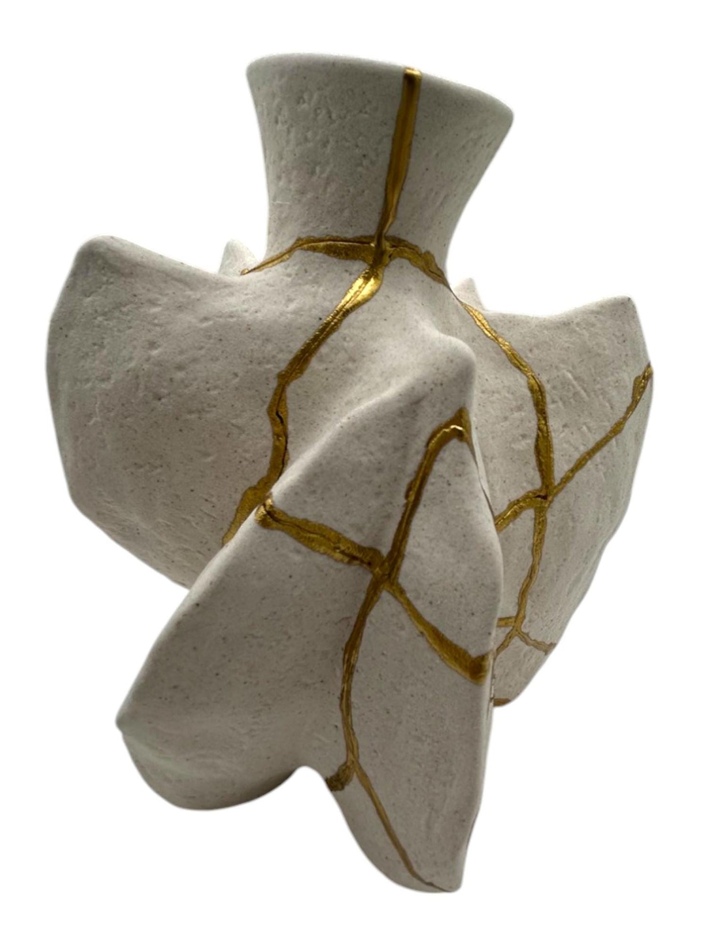 Kintsugi Fossil Vase - Wabi Sabi - Japanese Pottery Broken + Repaired - Hand Painted Gold - Warm White - Irregular (H) 7.5in (W) 5.75in