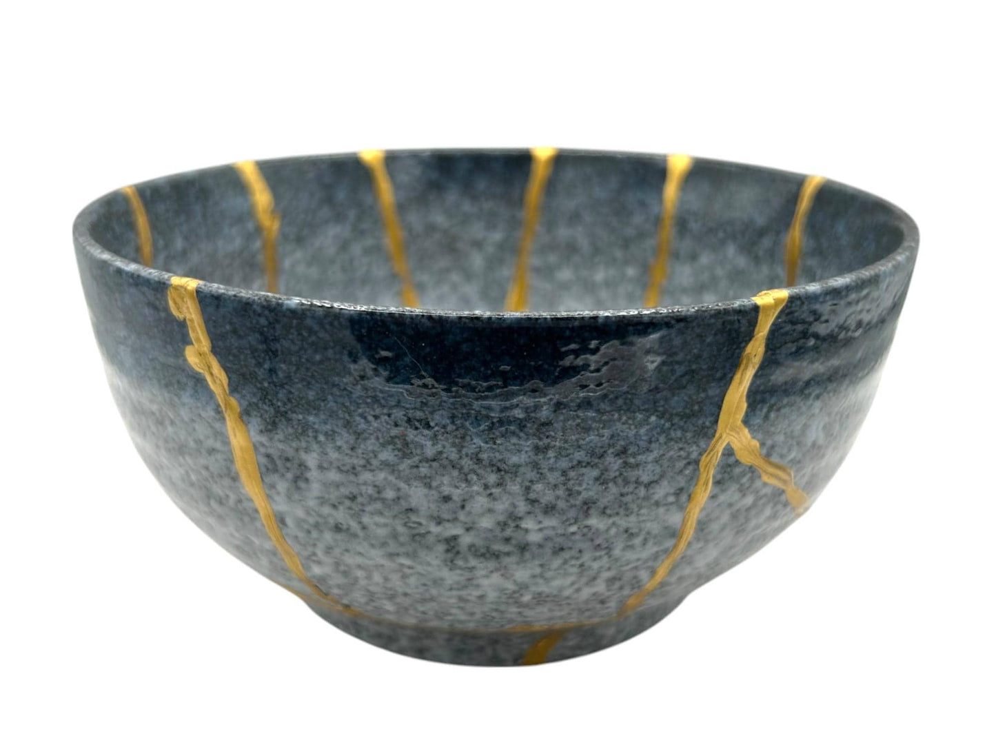 Kintsugi Large Rice Bowl - Japanese Pottery Broken + Repaired - Hand Painted Gold Detail Along Breaks - Blue/White Glazed Ceramic (D) 7in