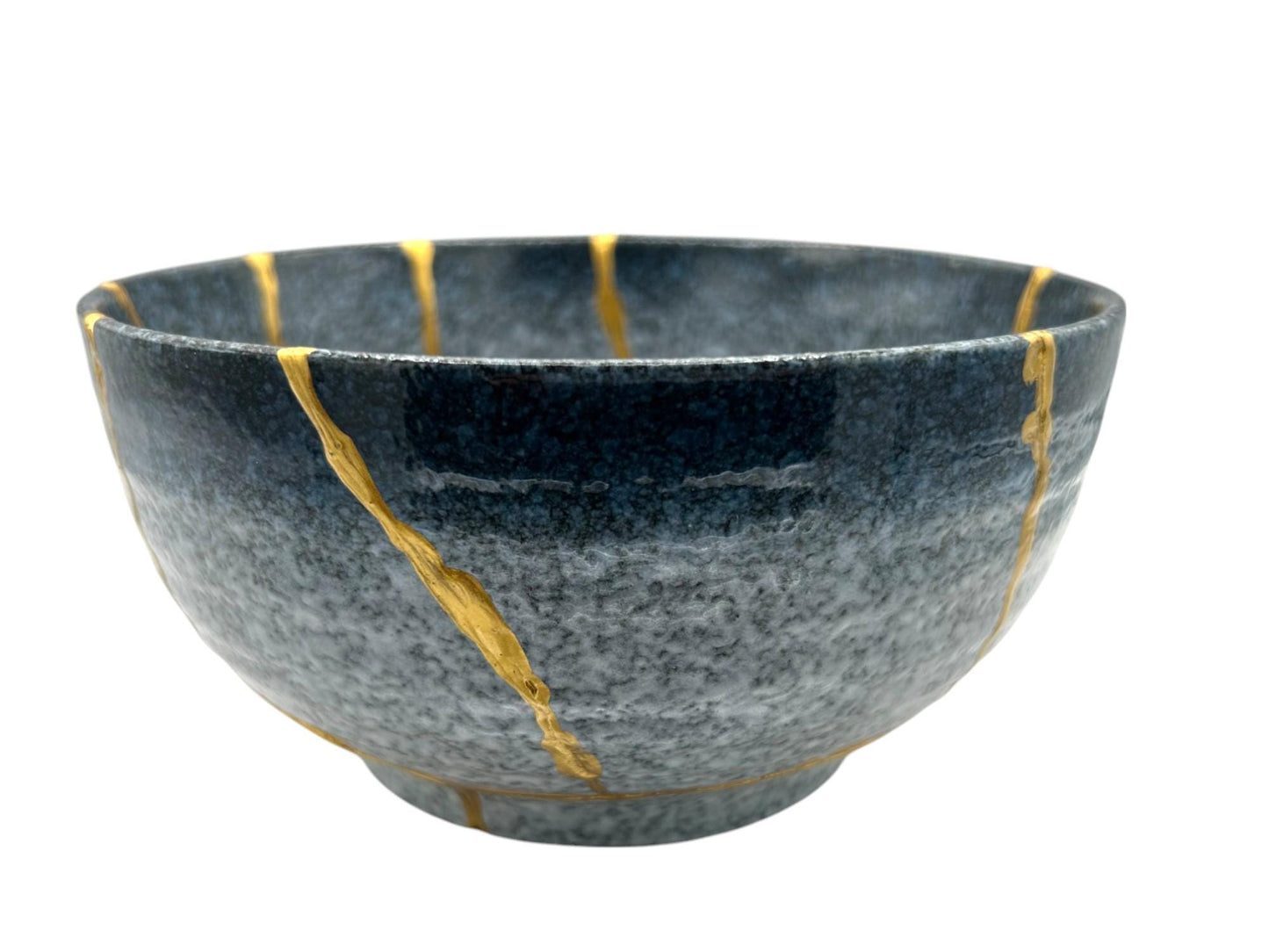 Kintsugi Large Rice Bowl - Japanese Pottery Broken + Repaired - Hand Painted Gold Detail Along Breaks - Blue/White Glazed Ceramic (D) 7in