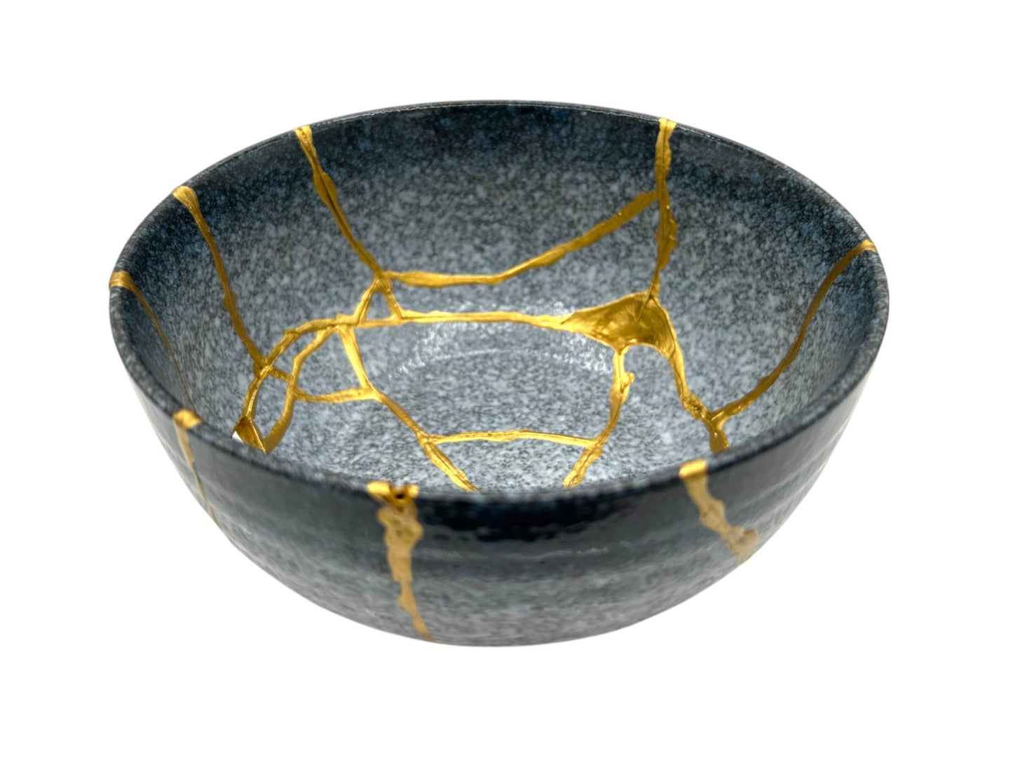 Kintsugi Large Rice Bowl - Japanese Pottery Broken + Repaired - Hand Painted Gold Detail Along Breaks - Blue/White Glazed Ceramic (D) 7in