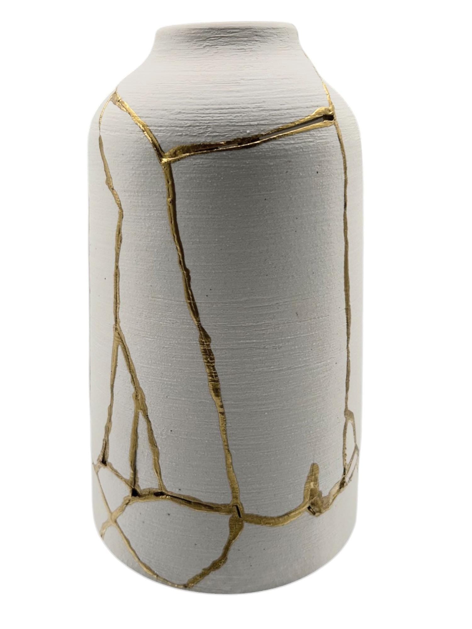 Kintsugi Giraffe Vase - Japanese Pottery Broken + Repaired - Matte White Cylinder - Brushed Texture - Hand Painted Gold Detail (H) 10.125in