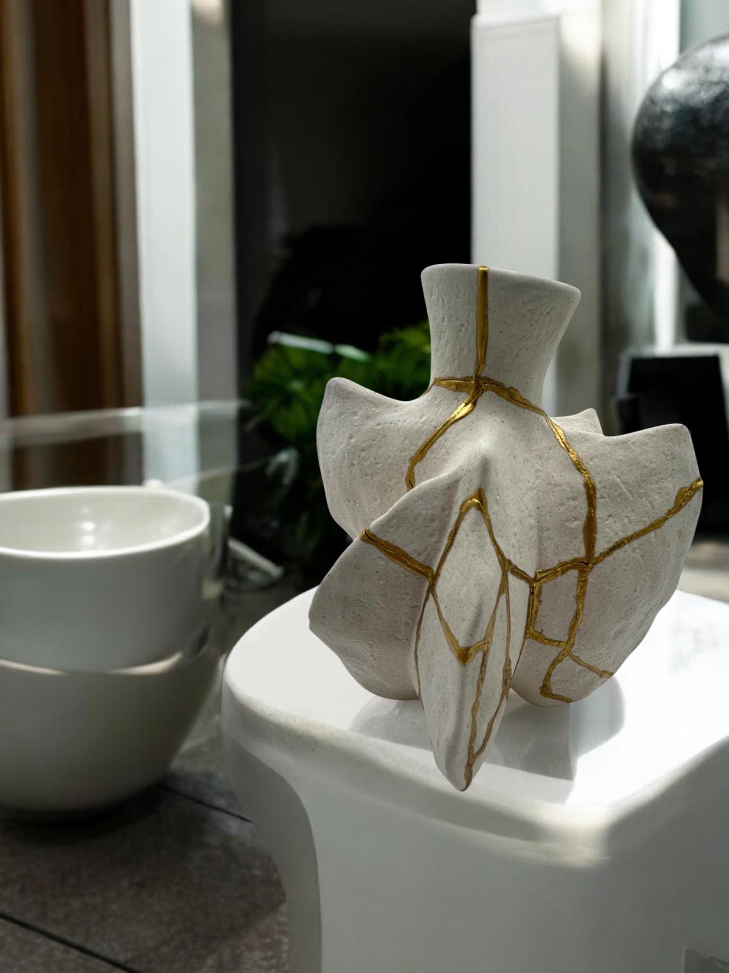 Kintsugi Fossil Vase - Wabi Sabi - Japanese Pottery Broken + Repaired - Hand Painted Gold - Warm White - Irregular (H) 7.5in (W) 5.75in