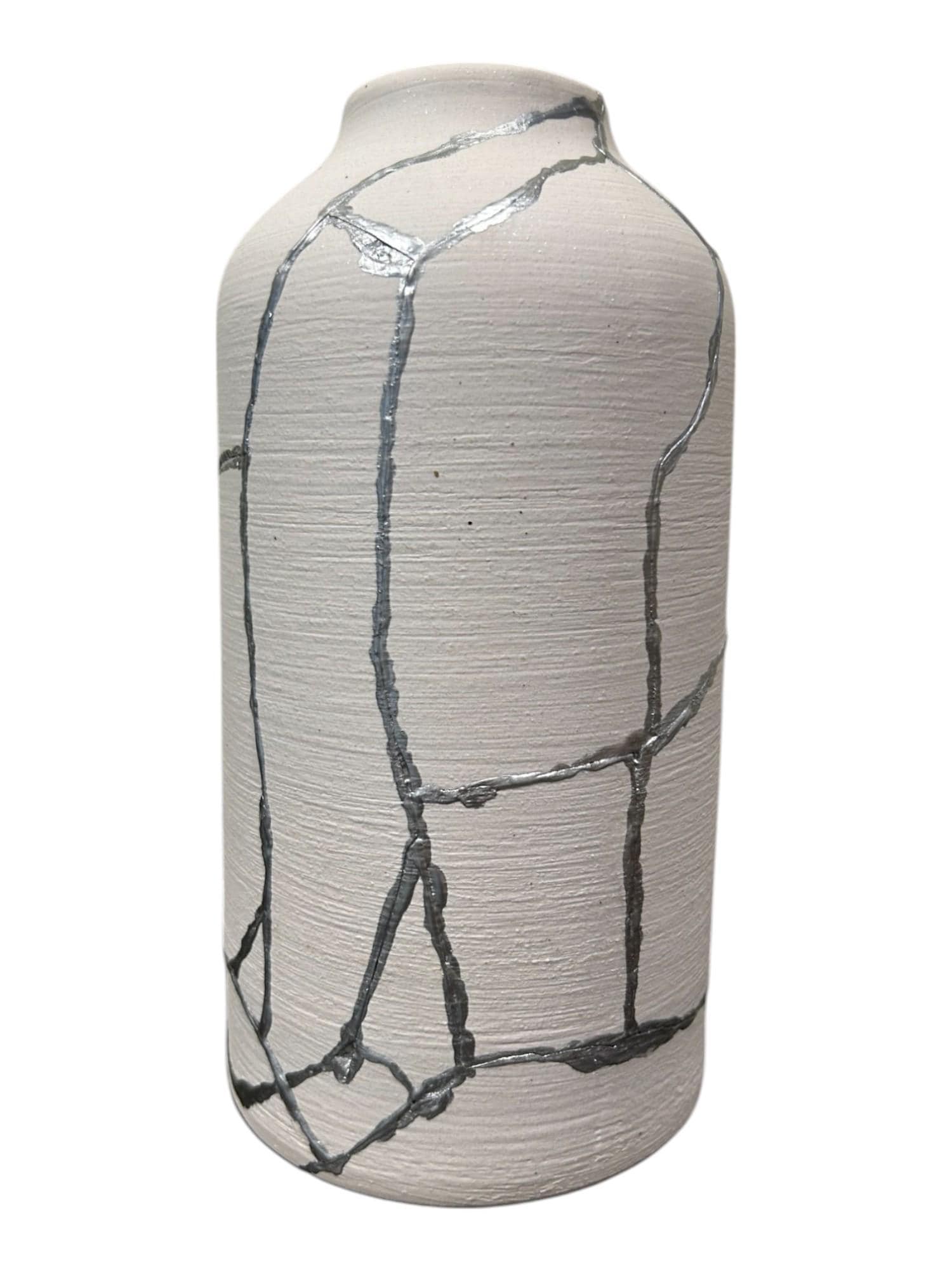 Kintsugi Silver 'Gintsugi' Giraffe Vase - Chrome Trend - Japanese Pottery Broken + Repaired - White - Hand Painted Silver (H) 10.125in