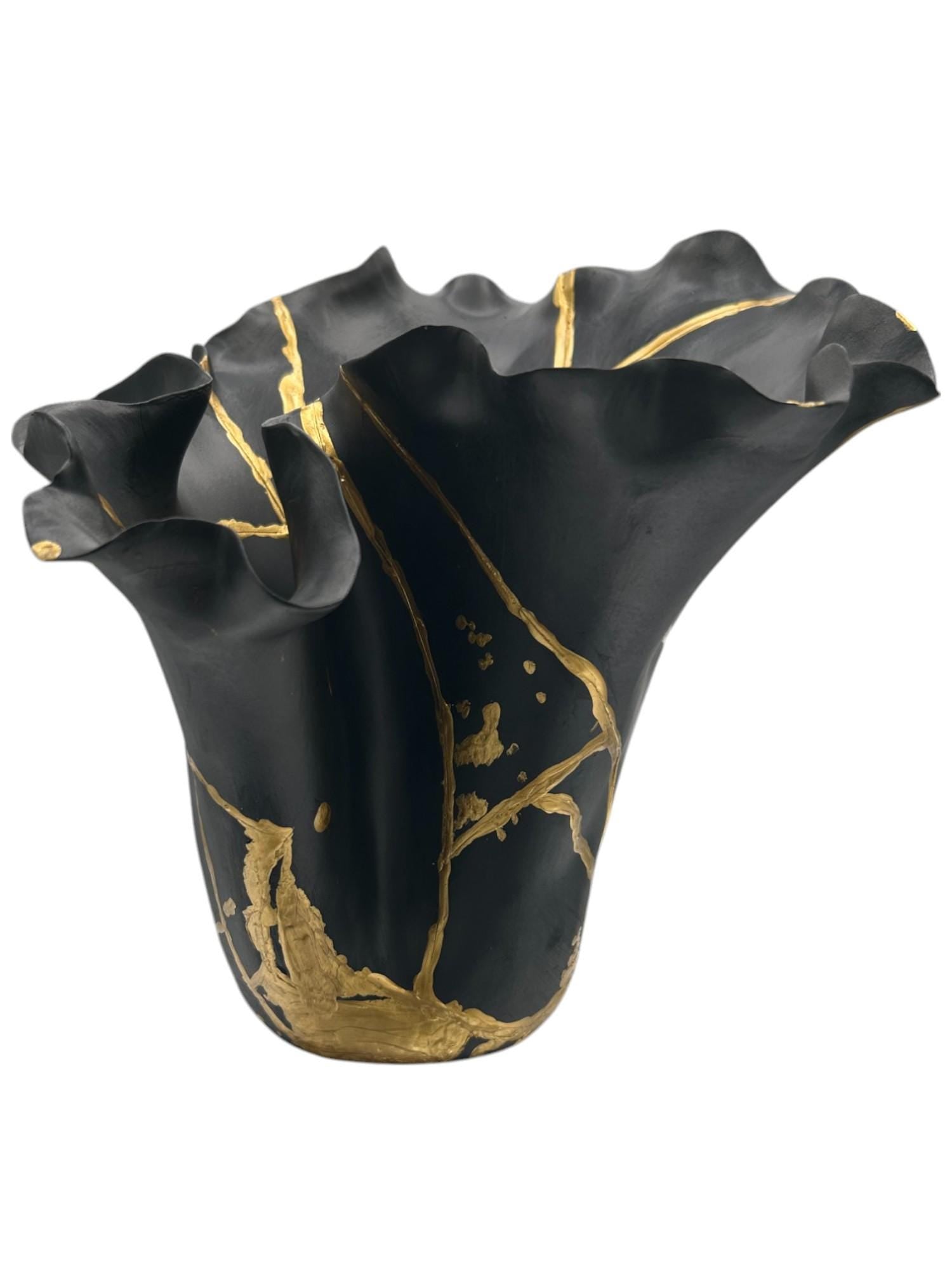 Kintsugi Floral Vase - Japanese Pottery Broken + Repaired - Abstract/Distressed/Splatter Paint - Hand Painted Gold - Table/Floor (H) 10.5in