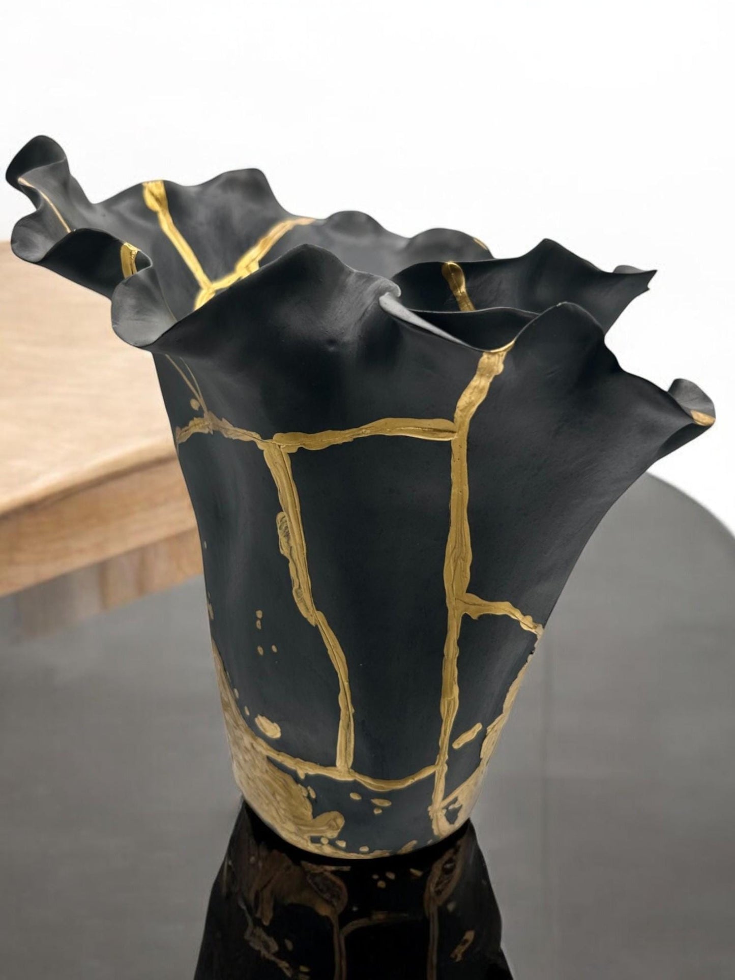 Kintsugi Floral Vase - Japanese Pottery Broken + Repaired - Abstract/Distressed/Splatter Paint - Hand Painted Gold - Table/Floor (H) 10.5in