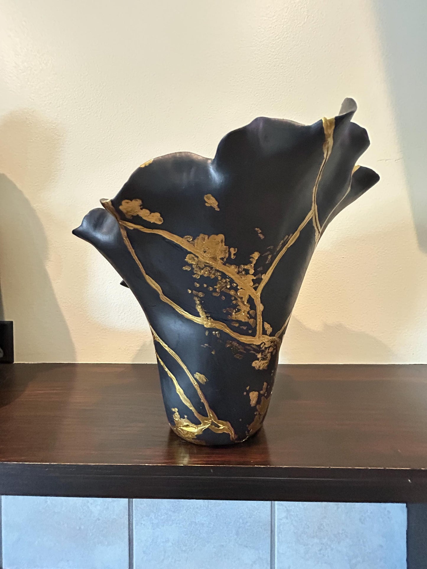 Kintsugi Floral Vase - Japanese Pottery Broken + Repaired - Abstract/Distressed/Splatter Paint - Hand Painted Gold - Table/Floor (H) 10.5in