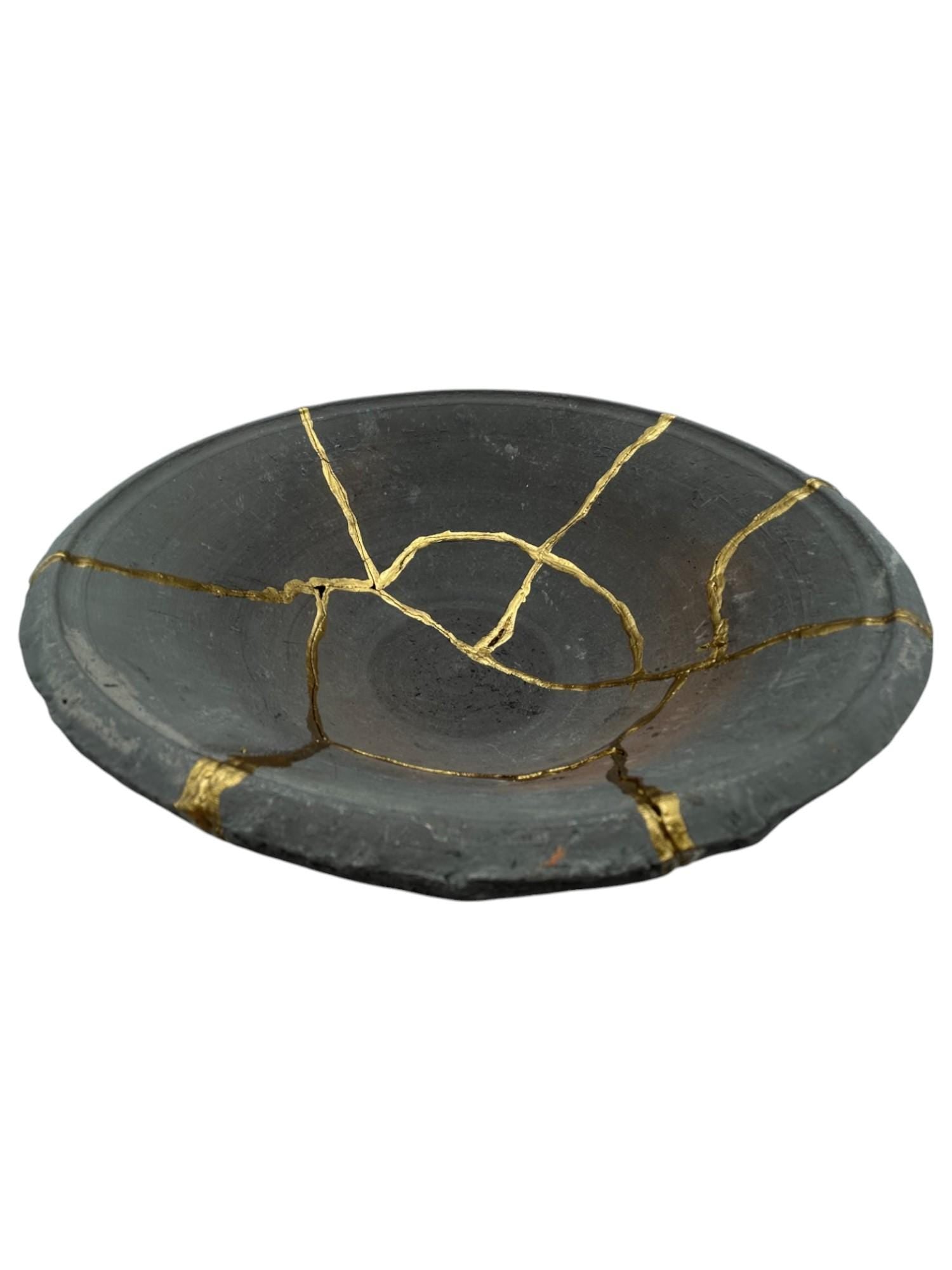 Kintsugi Terracotta Bowl - Wabi Sabi - Japanese Pottery Broken + Repaired - Hand Painted Gold - Dark Gray - Key/Ring/Jewelry - (D) 7.875in