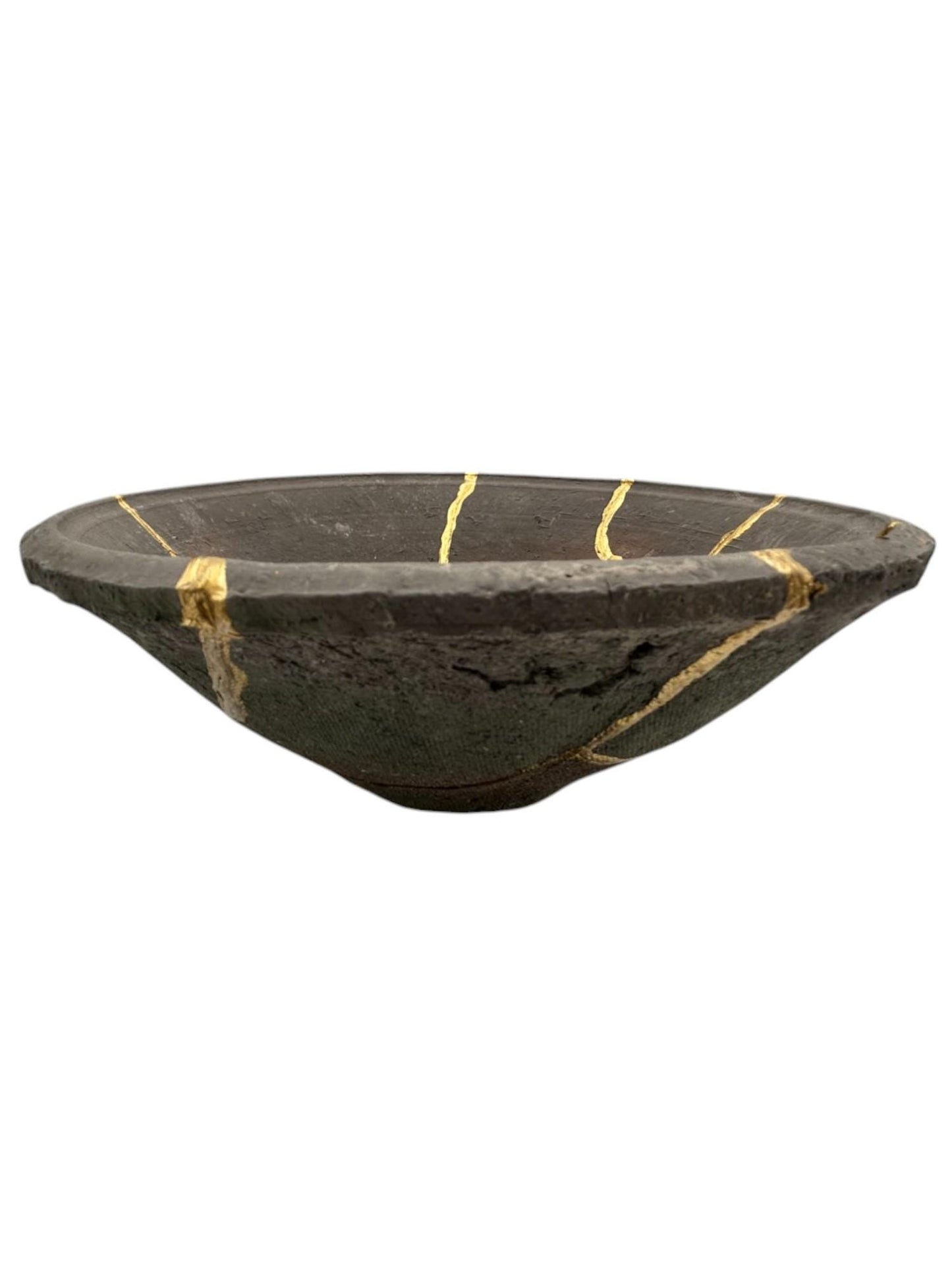 Kintsugi Terracotta Bowl - Wabi Sabi - Japanese Pottery Broken + Repaired - Hand Painted Gold - Dark Gray - Key/Ring/Jewelry - (D) 7.875in