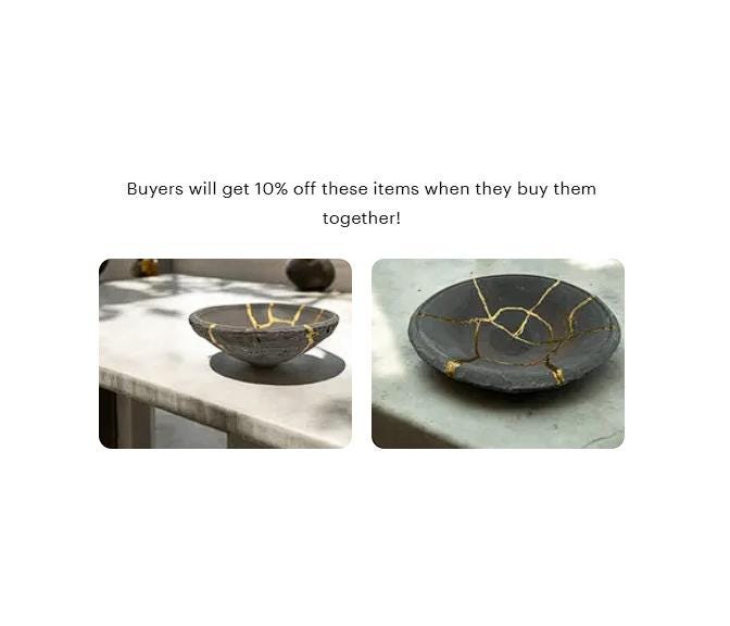 Kintsugi Terracotta Bowl - Wabi Sabi - Japanese Pottery Broken + Repaired - Hand Painted Gold - Dark Gray - Key/Ring/Jewelry - (D) 7.875in