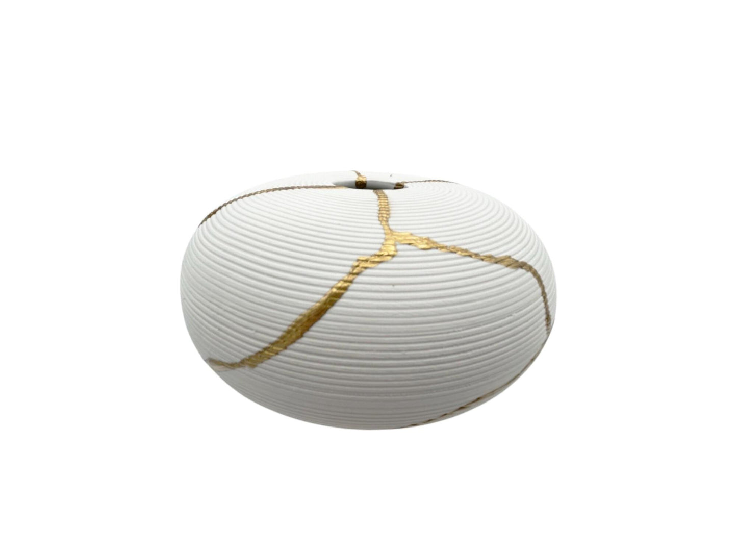 Kintsugi Ikebana Vase - Japanese Pottery Broken + Repaired - Matte White Round - Ribbed Texture - Hand Painted Gold Detail - Small (W) 6in