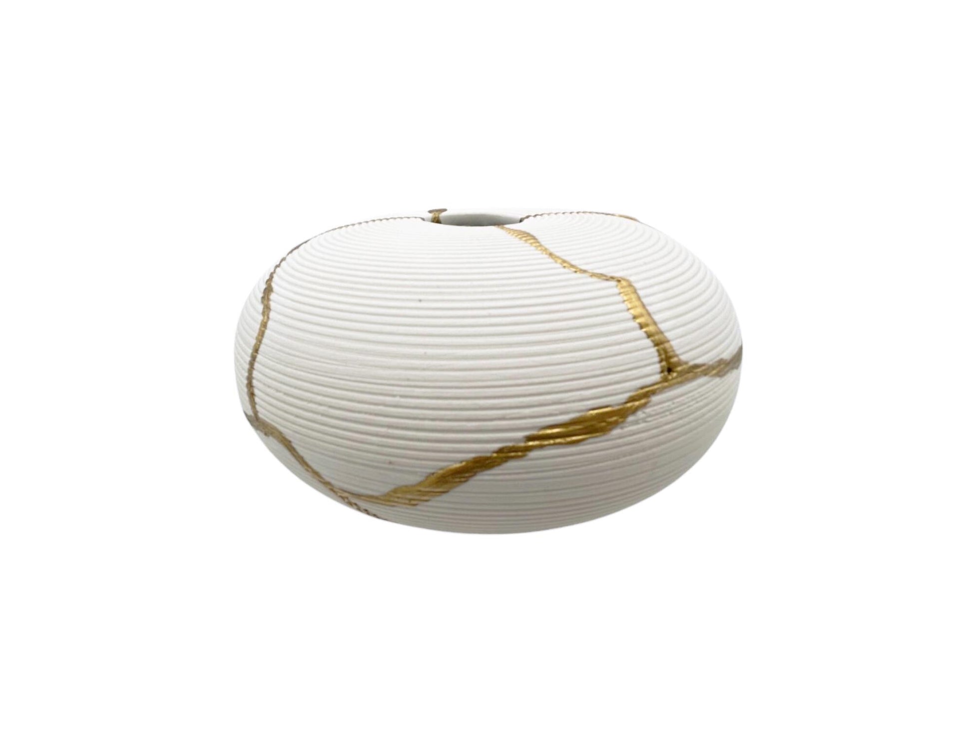 Kintsugi Ikebana Vase - Japanese Pottery Broken + Repaired - Matte White Round - Ribbed Texture - Hand Painted Gold Detail - Small (W) 6in