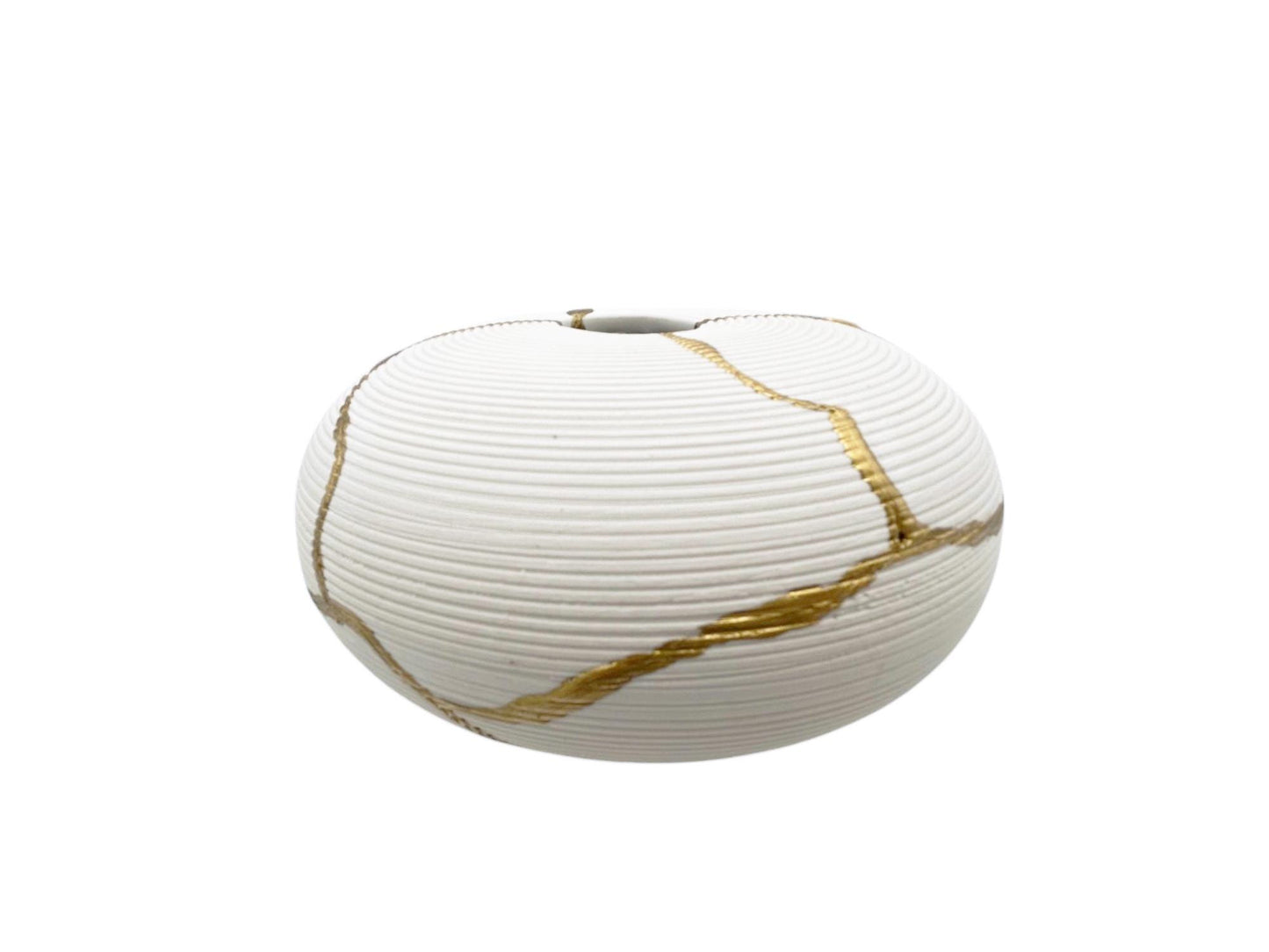 Kintsugi Ikebana Vase - Japanese Pottery Broken + Repaired - Matte White Round - Ribbed Texture - Hand Painted Gold Detail - Small (W) 6in