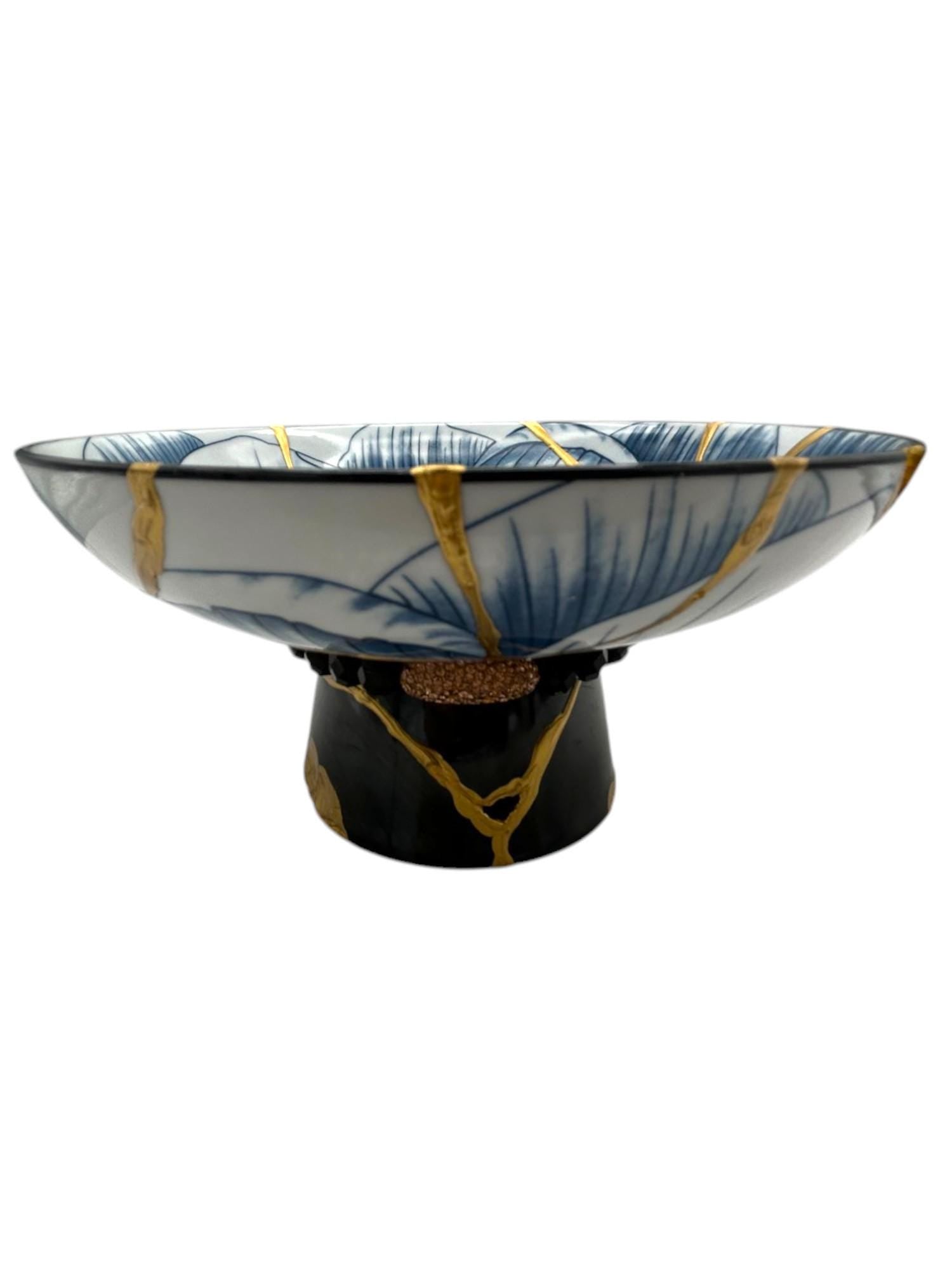 Kintsugi Pedestal Bowl w/Charm Accent - Japanese Pottery Broken + Repaired - Hand Painted Gold Along Breaks - Blue Lotus - (D) 6.375in