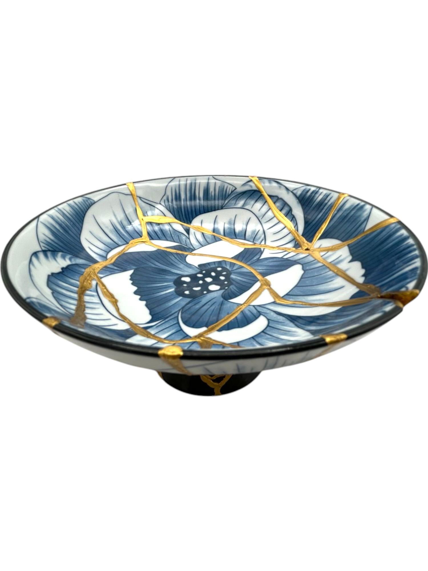 Kintsugi Pedestal Bowl w/Charm Accent - Japanese Pottery Broken + Repaired - Hand Painted Gold Along Breaks - Blue Lotus - (D) 6.375in