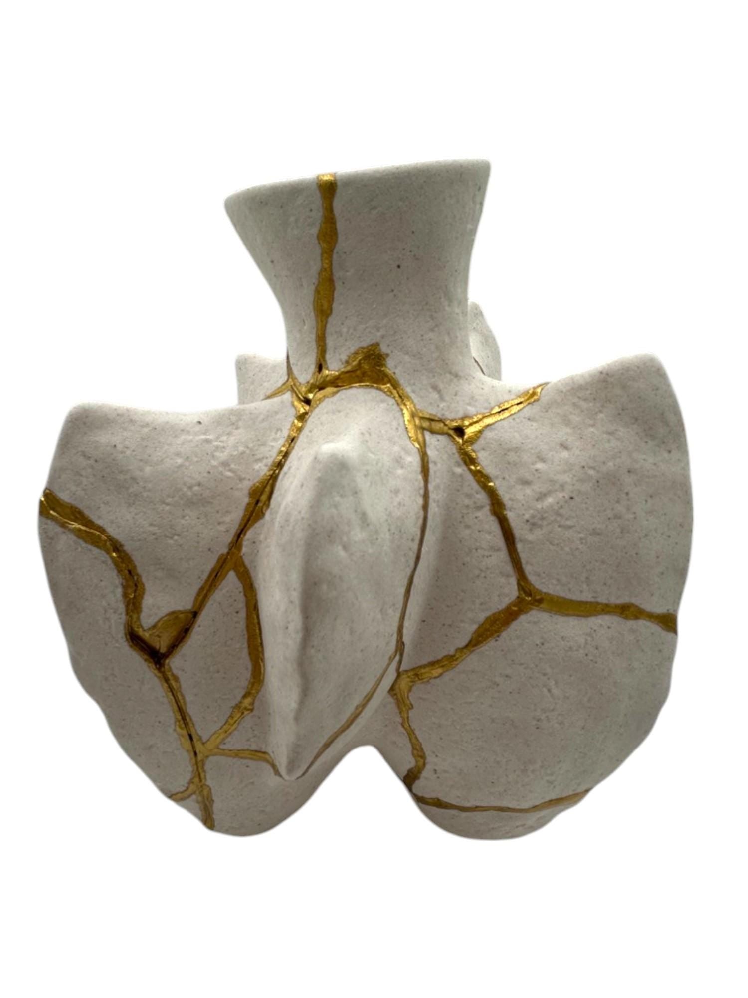 Kintsugi Fossil Vase - Wabi Sabi - Japanese Pottery Broken + Repaired - Hand Painted Gold - Warm White - Irregular (H) 7.5in (W) 5.75in