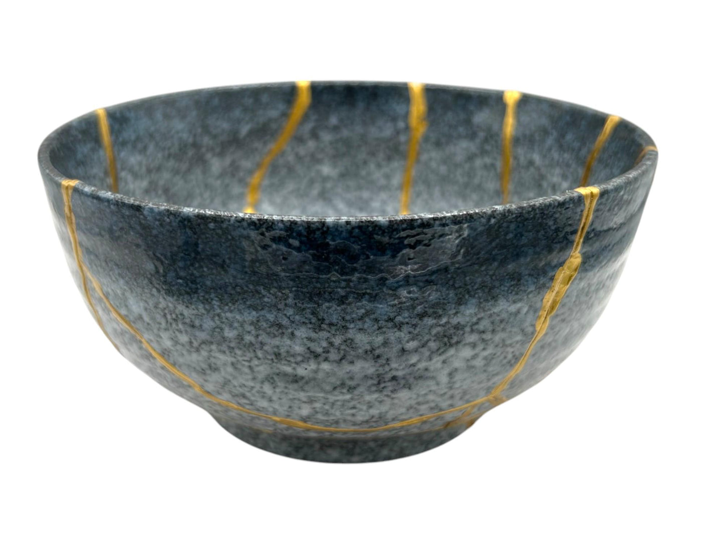 Kintsugi Large Rice Bowl - Japanese Pottery Broken + Repaired - Hand Painted Gold Detail Along Breaks - Blue/White Glazed Ceramic (D) 7in