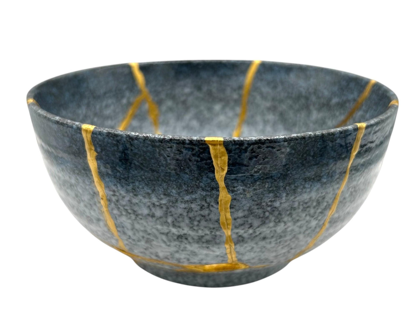 Kintsugi Large Rice Bowl - Japanese Pottery Broken + Repaired - Hand Painted Gold Detail Along Breaks - Blue/White Glazed Ceramic (D) 7in