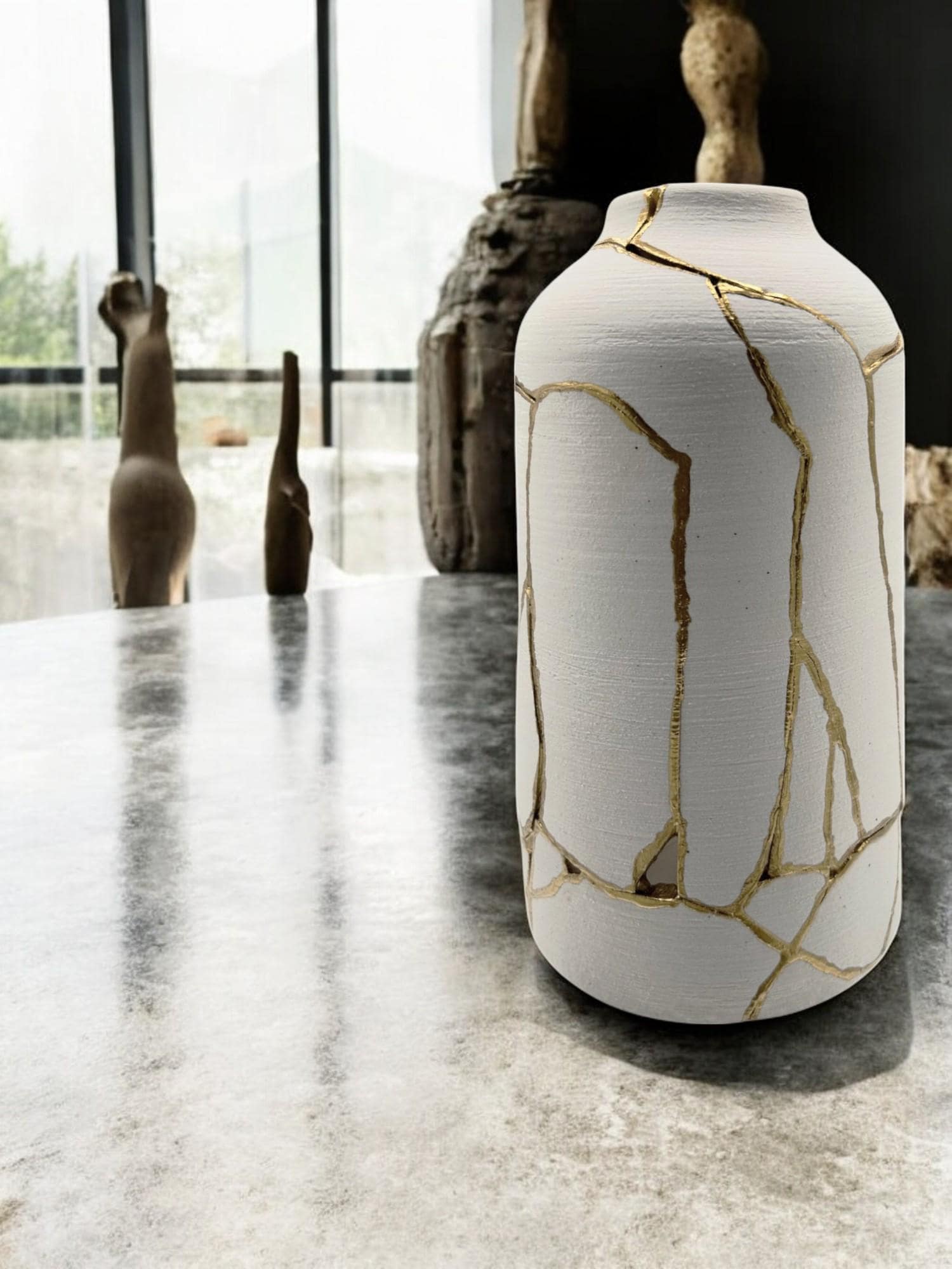 Kintsugi Giraffe Vase - Japanese Pottery Broken + Repaired - Matte White Cylinder - Brushed Texture - Hand Painted Gold Detail (H) 10.125in