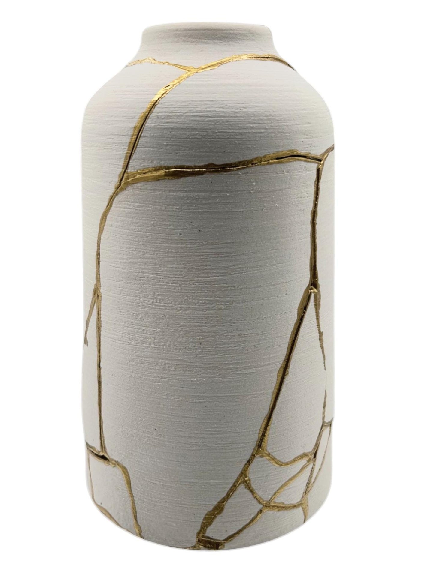 Kintsugi Giraffe Vase - Japanese Pottery Broken + Repaired - Matte White Cylinder - Brushed Texture - Hand Painted Gold Detail (H) 10.125in