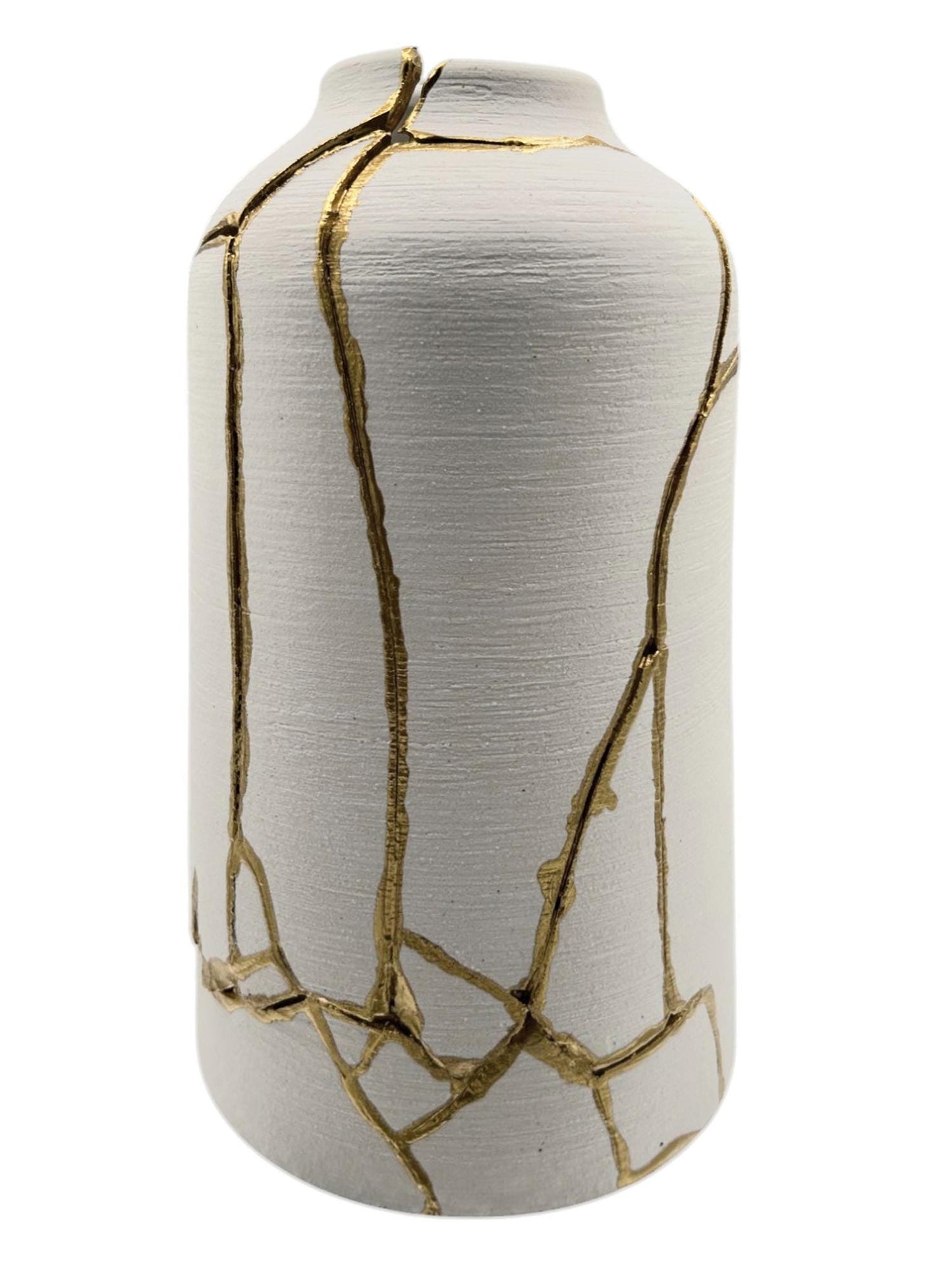 Kintsugi Giraffe Vase - Japanese Pottery Broken + Repaired - Matte White Cylinder - Brushed Texture - Hand Painted Gold Detail (H) 10.125in