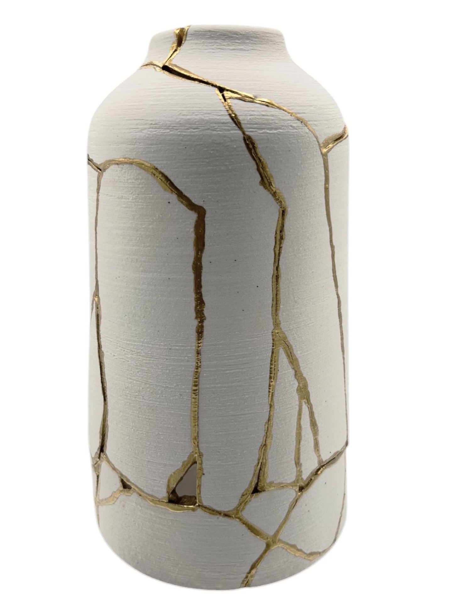 Kintsugi Giraffe Vase - Japanese Pottery Broken + Repaired - Matte White Cylinder - Brushed Texture - Hand Painted Gold Detail (H) 10.125in